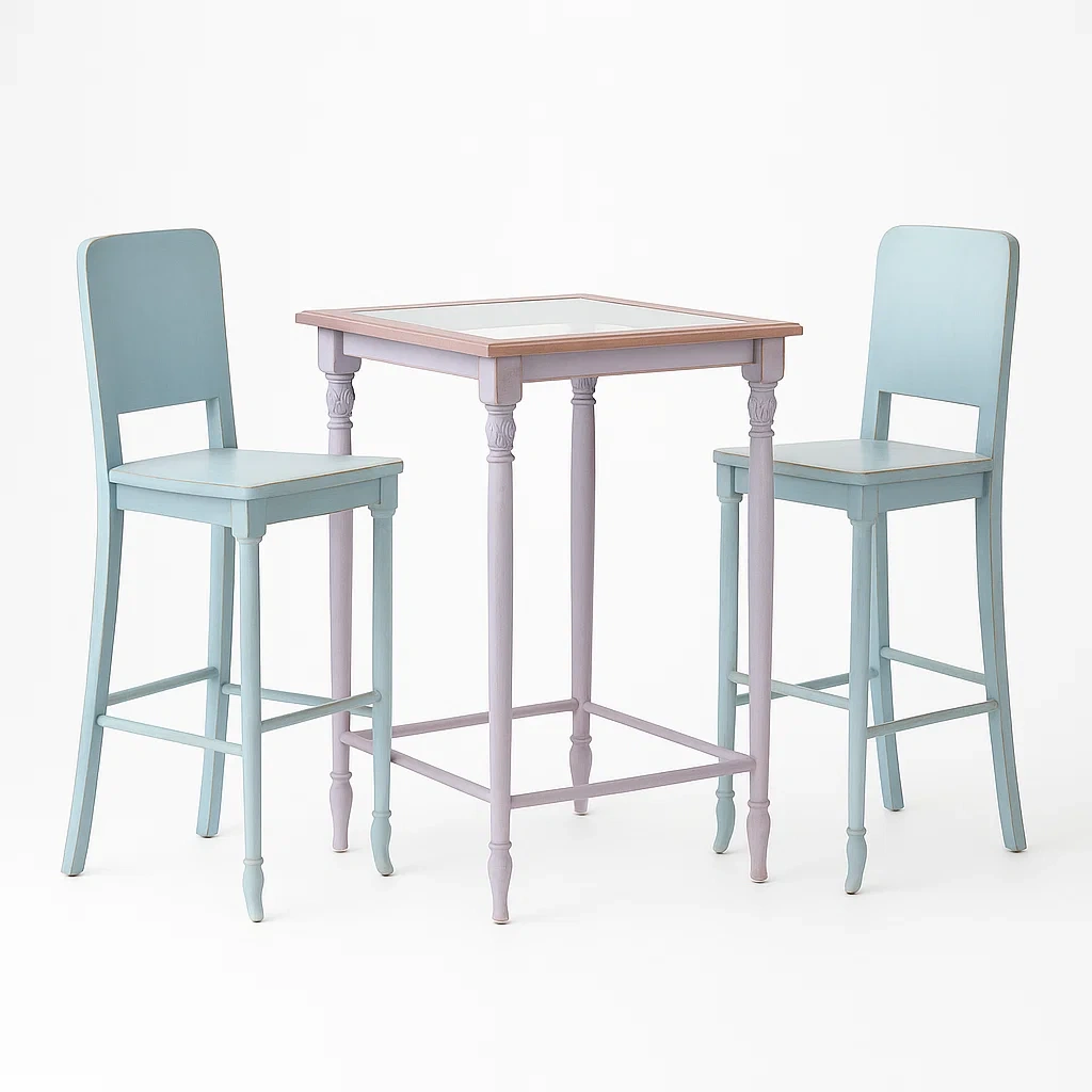 Holz-Bar-Set mit zwei Stühlen, Blau/Lavendel-furnialexo