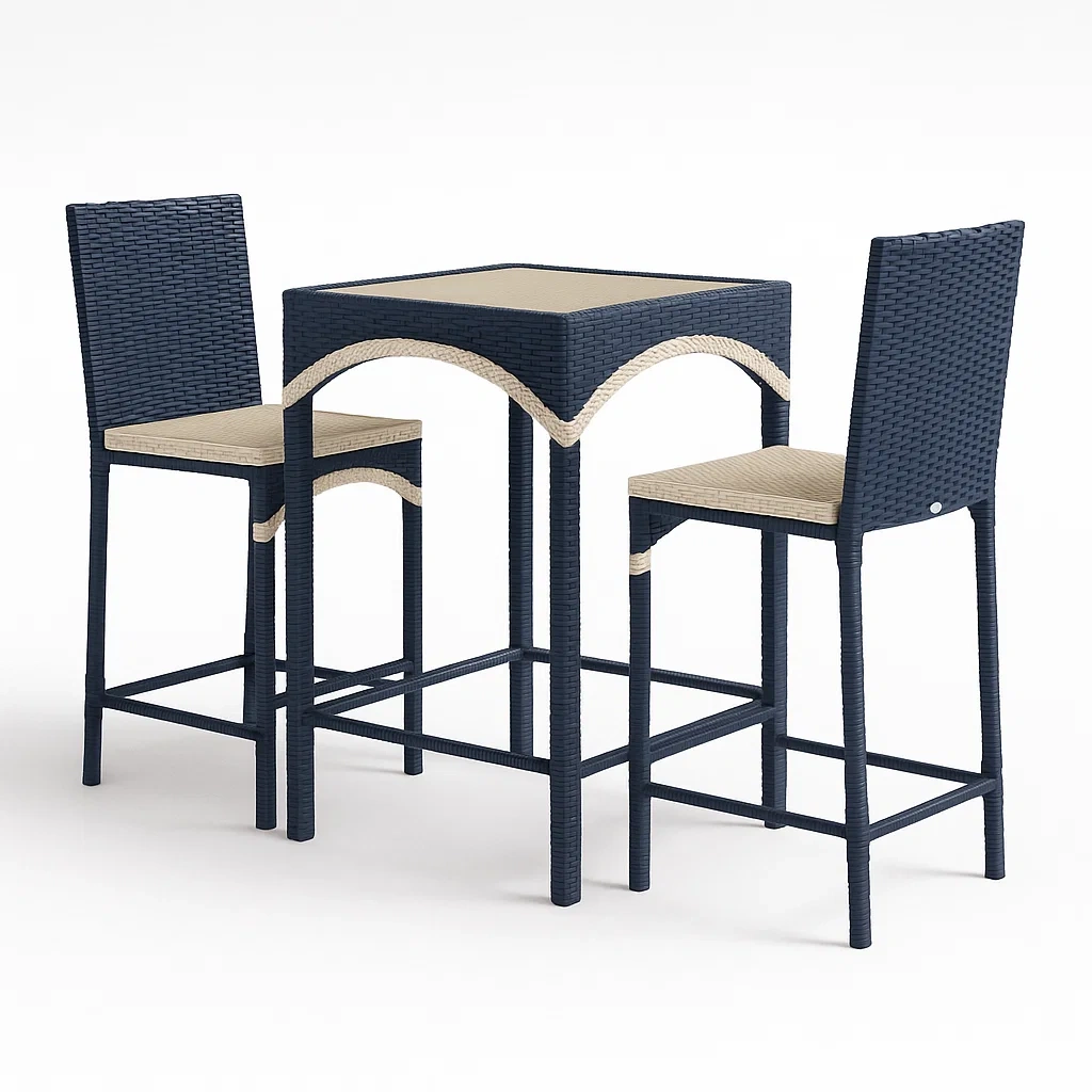 Bistro-Set aus Polyrattan mit Tisch und 2 Stühlen in Blau/Beige-furnialexo