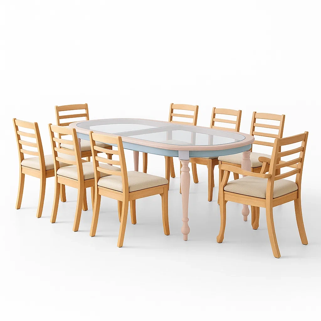 Essgruppe 8 Stühle Oval Holz Glas Beige-furnialexo