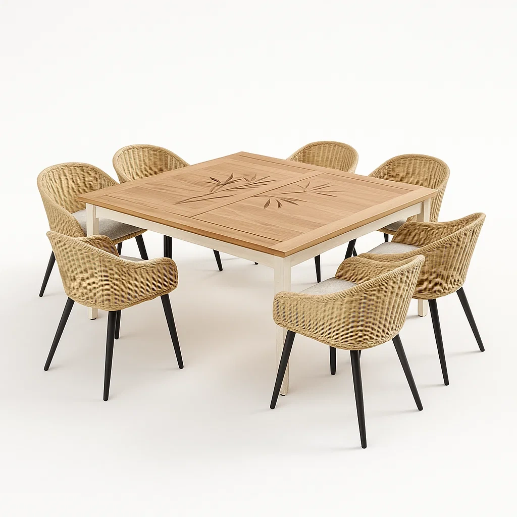 Quadratische Essgruppe aus Holz und Rattan-furnialexo