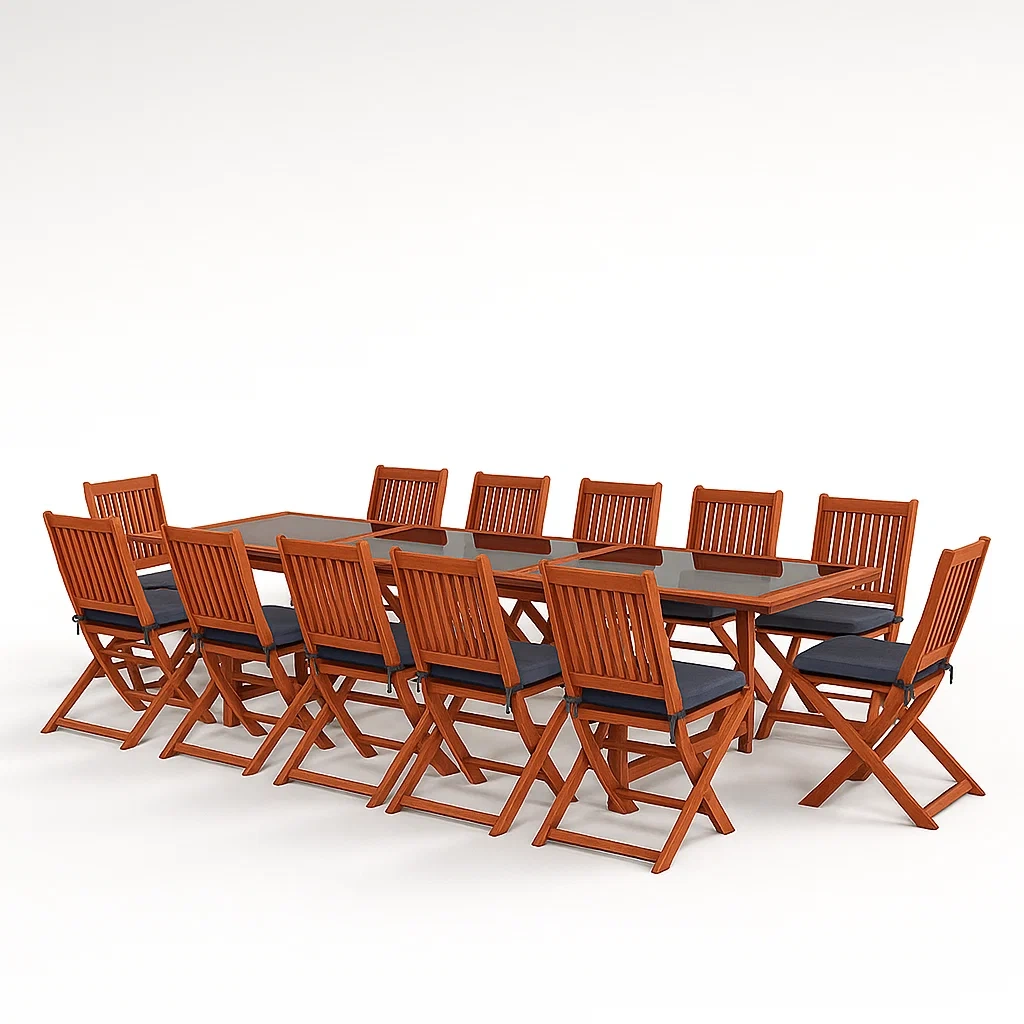 Holz- und Glas-Gartentisch-Set mit 12 Klappstühlen - Braun/Schwarz-furnialexo