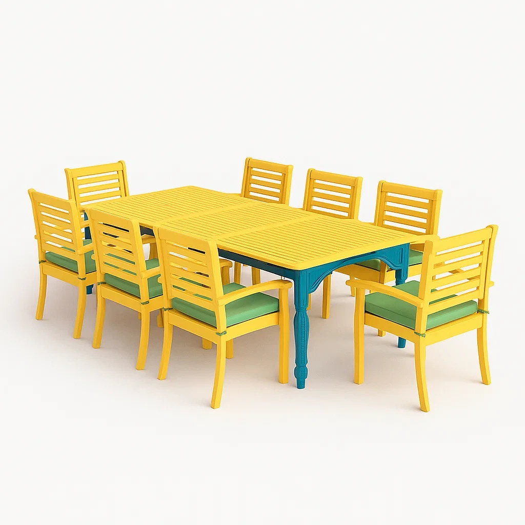 Essgruppe Kunststoff Tisch und 8 Stühle Gelb/Blau-furnialexo