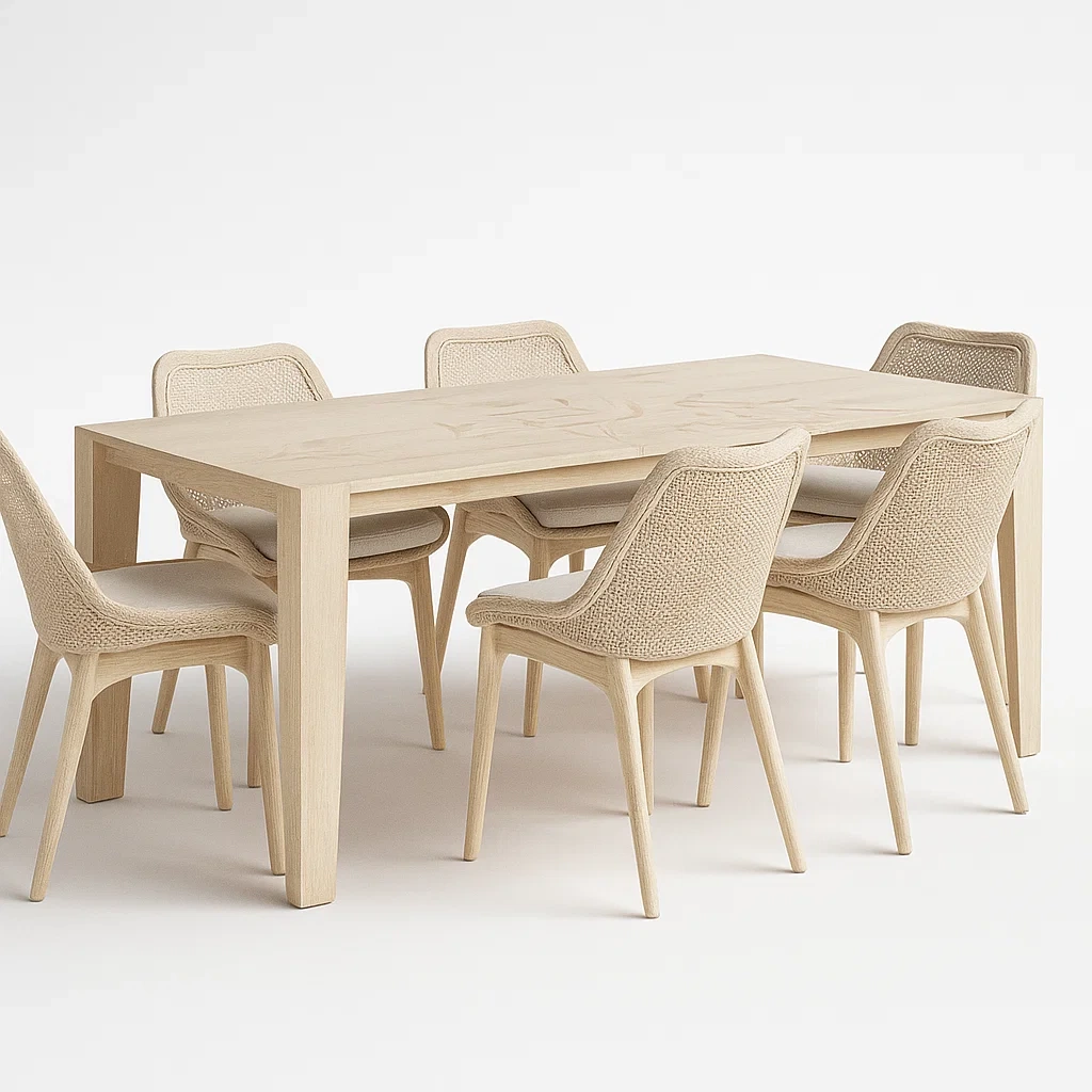 Essgruppe aus Holz mit Tisch und 6 Stühlen, rechteckig, Stoffbezug, 150x90x75 cm, Beige-furnialexo