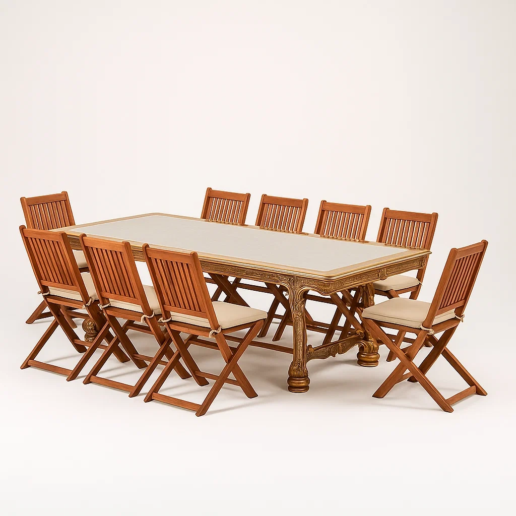 Essgruppe mit 10 Klappstühlen aus Holz und Tisch mit Glasplatte, Braun-furnialexo