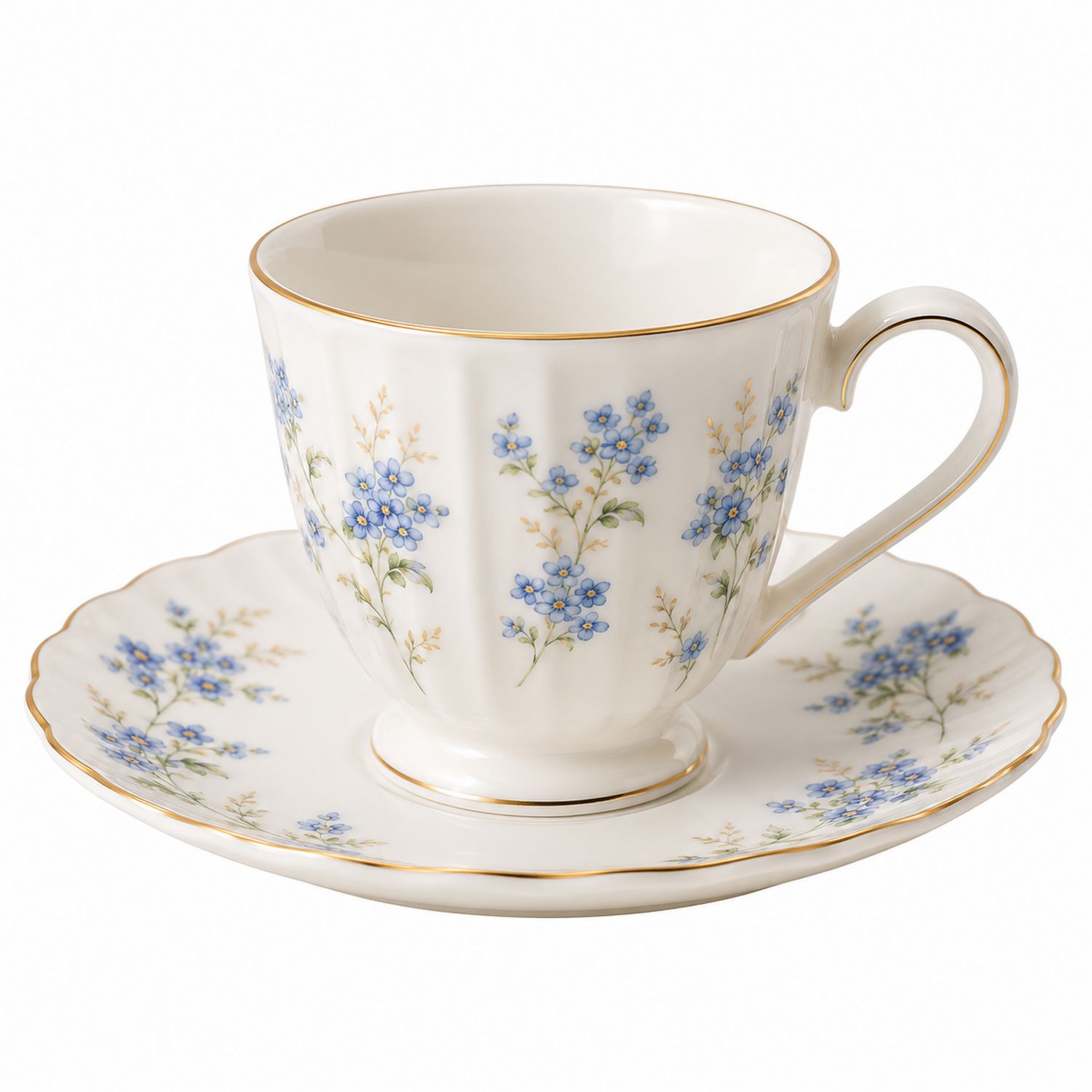 Set Tazza da Tè in Porcellana con Motivi Floreali Blu e Bordo Dorato