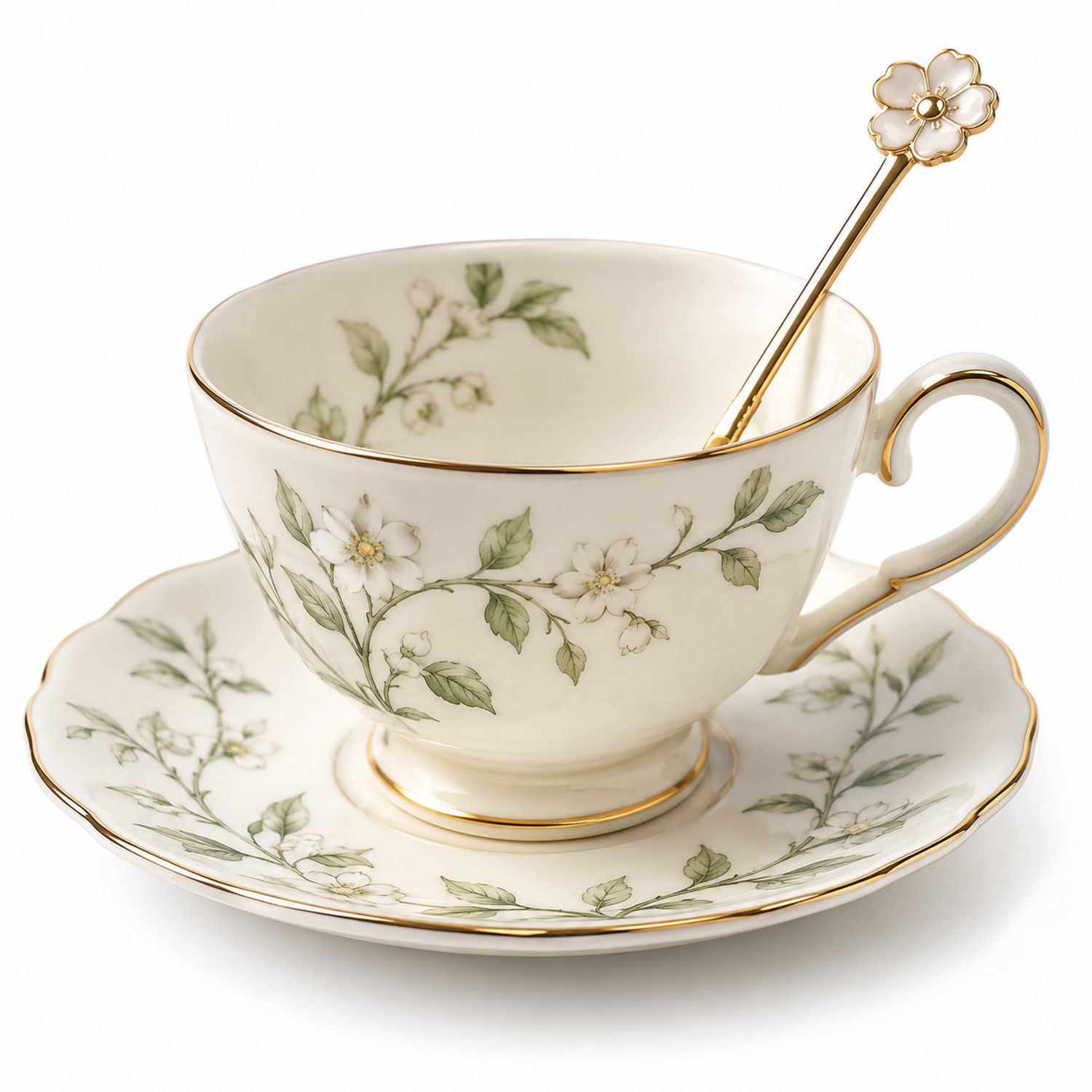 Set Tazza da Tè in Porcellana con Motivo Floreale e Cucchiaino