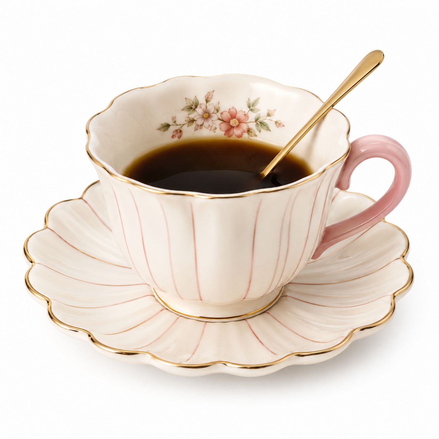 Set Tazza da Tè con Fiori e Bordo Dorato - Avorio/Rosa