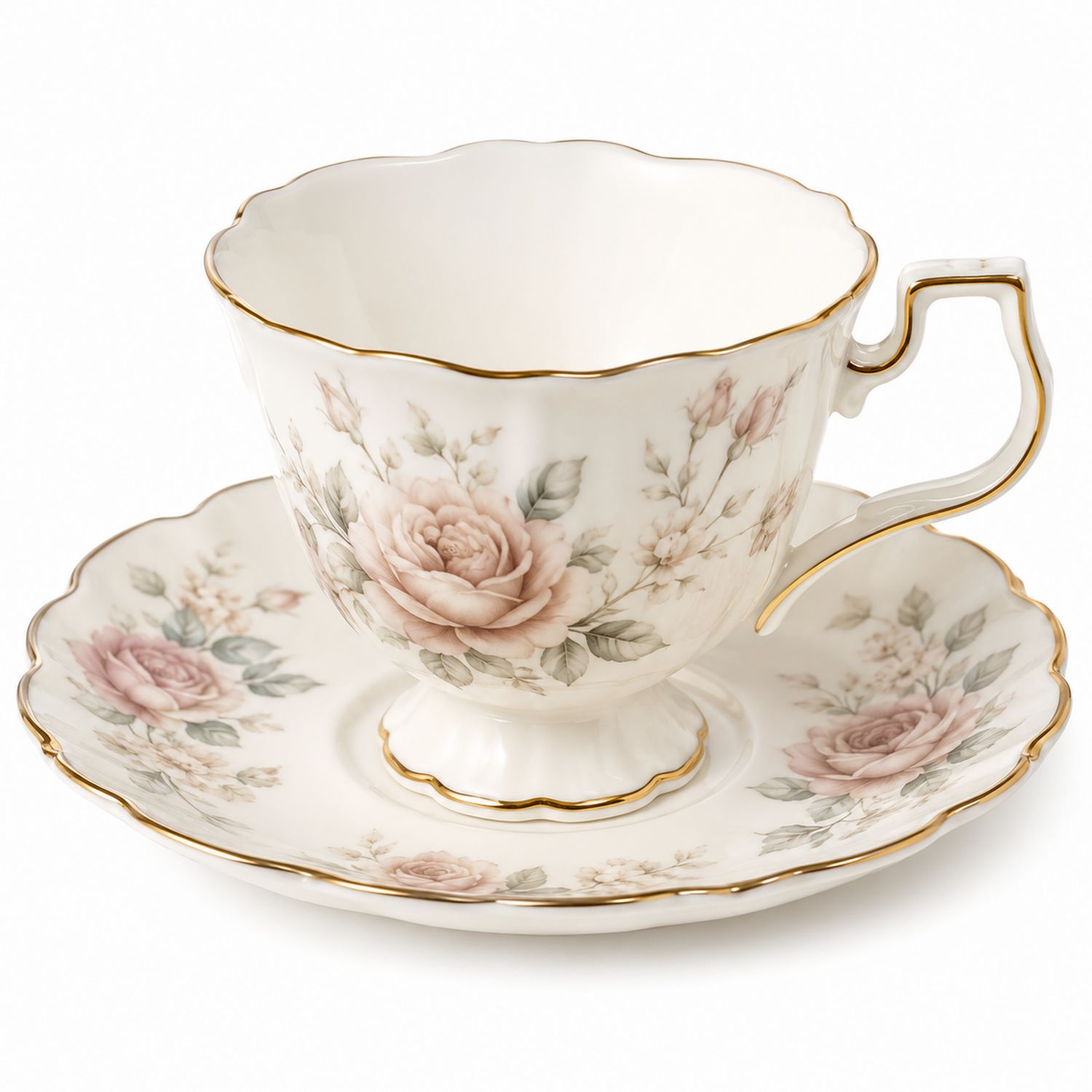 Set tazza e piattino in porcellana avorio con motivo a rose
