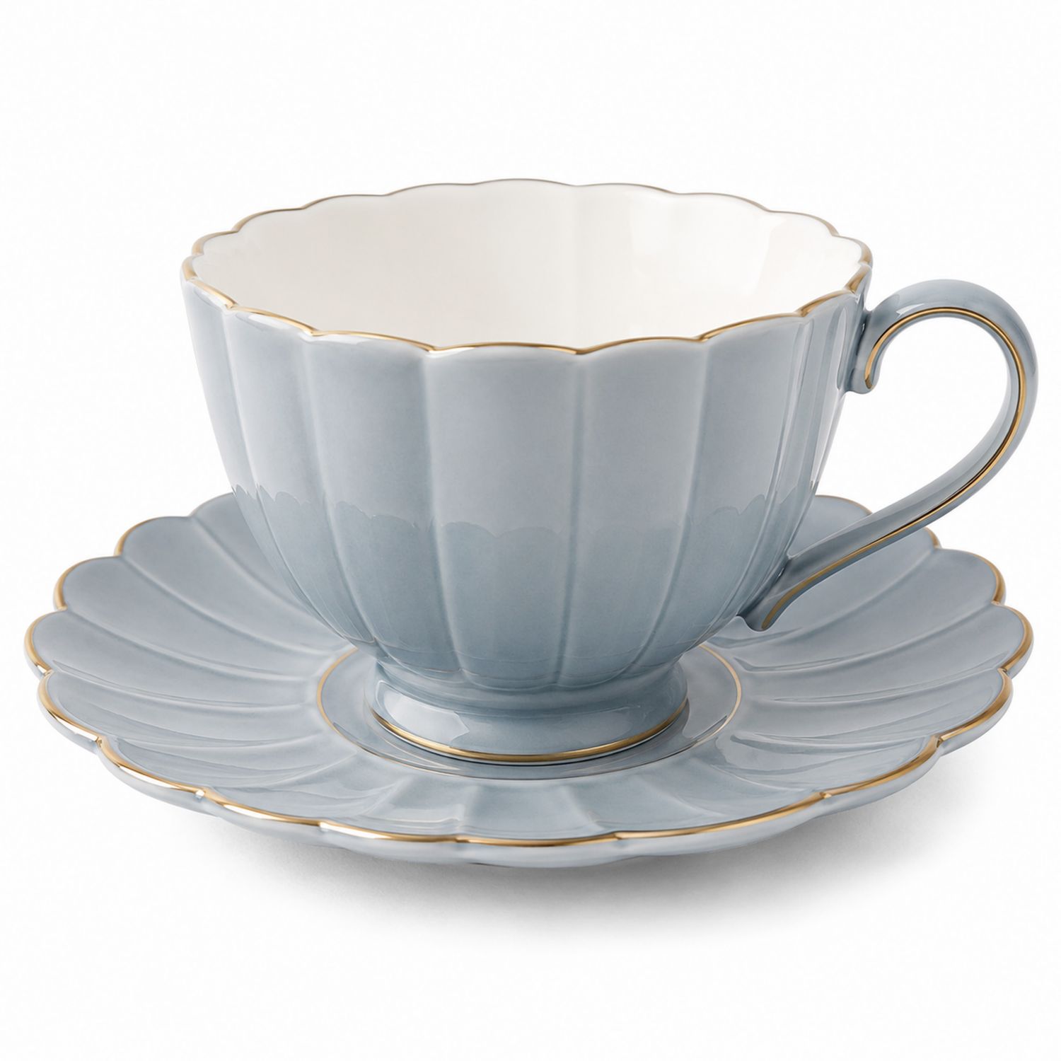 Set Tazza da Tè e Piattino in Porcellana Blu con Dettagli Dorati