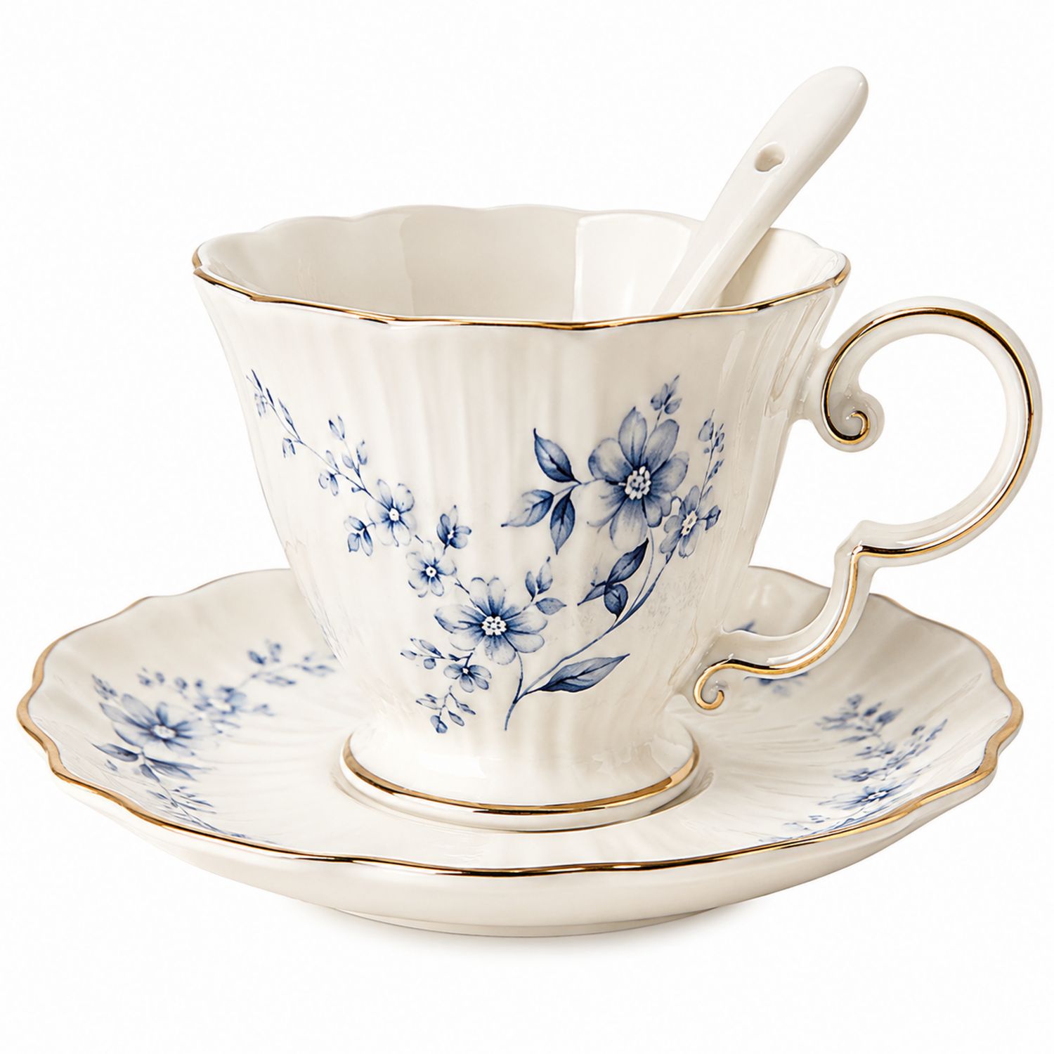 Tazza da tè in porcellana bianca e blu con decoro floreale e bordi dorati