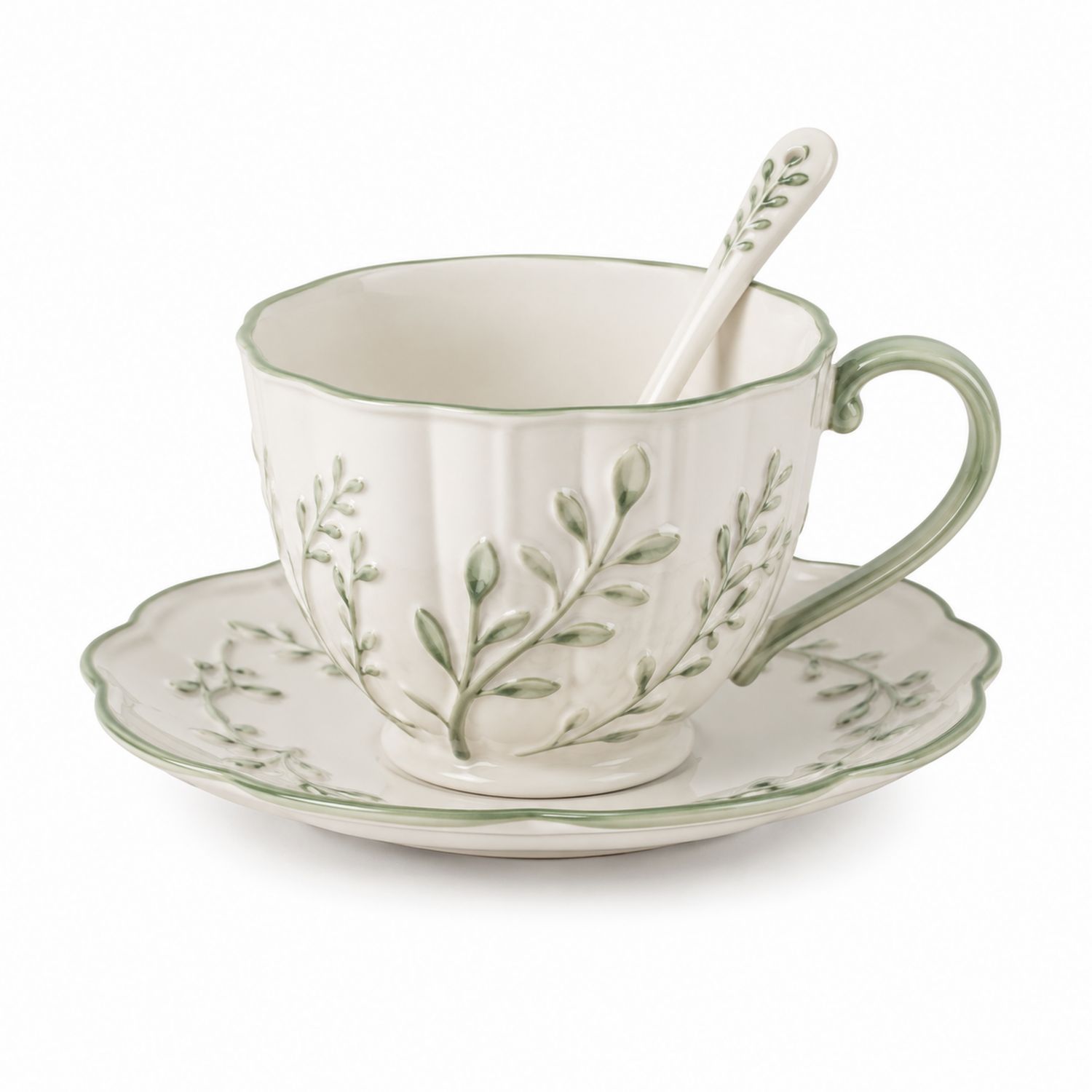 Tazza da Tè con Piattino e Cucchiaio Decorazione Foglie Bianco e Verde