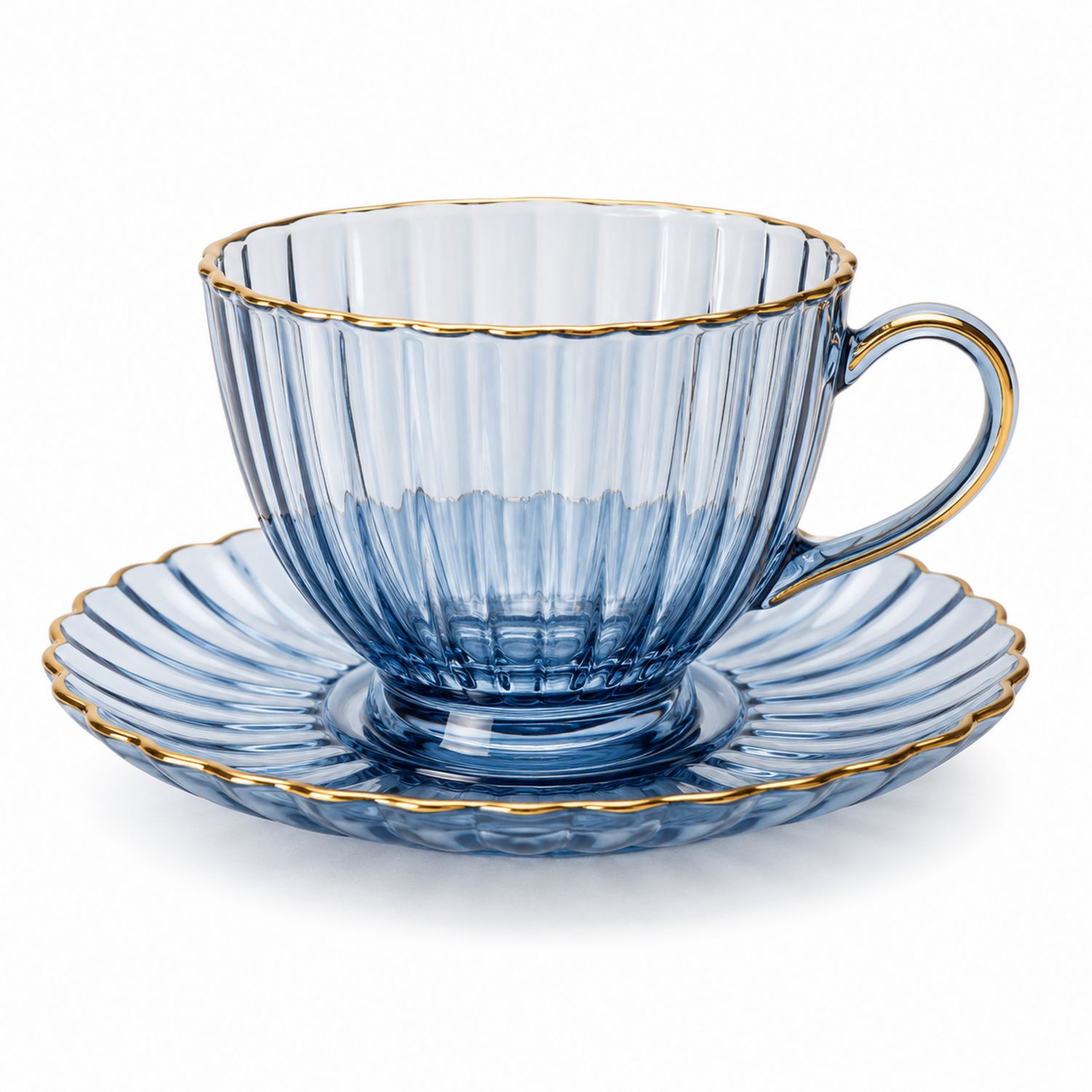 Set Tazza e Piattino in Vetro Blu con Finitura Dorata