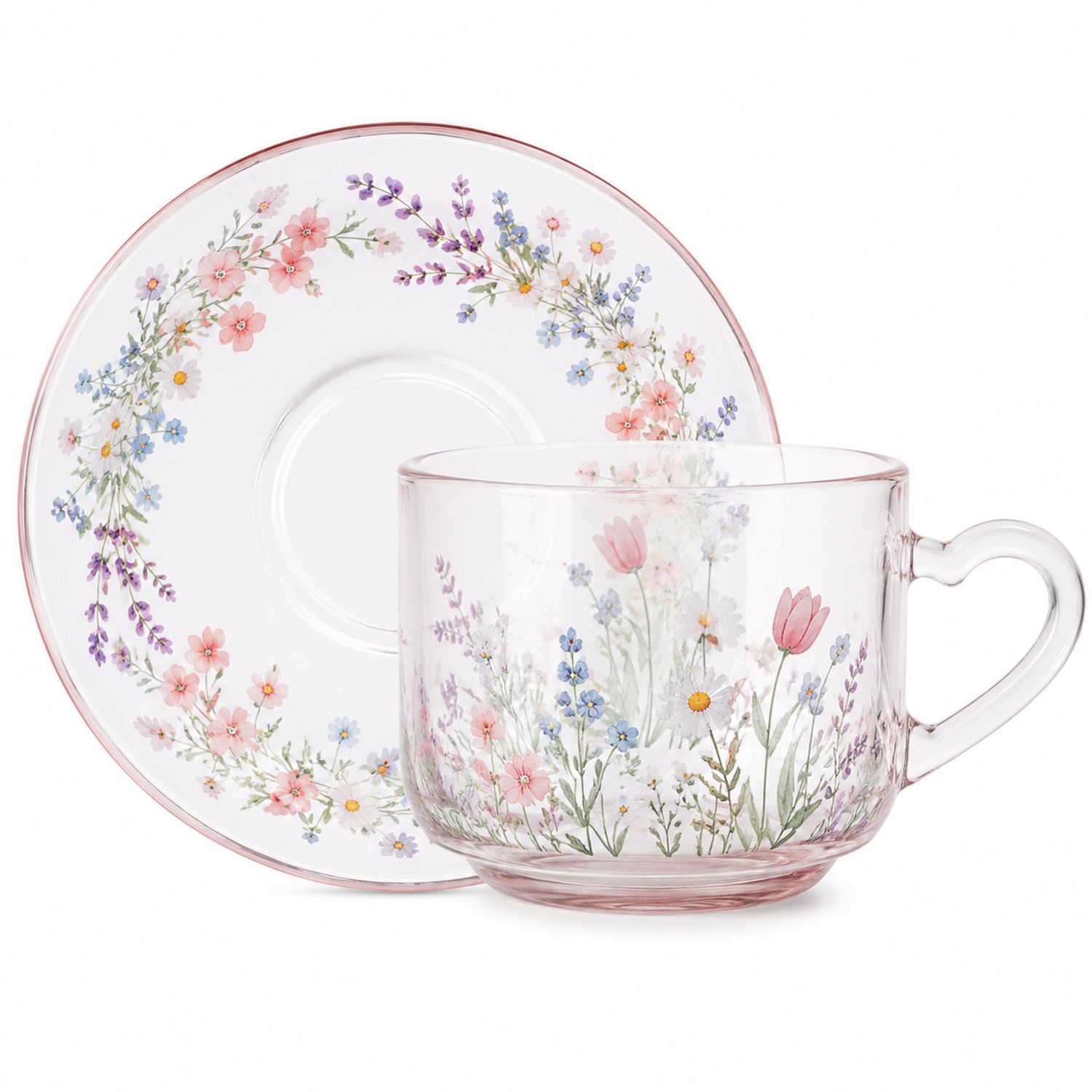 Set Tazza da Tè con Piattino in Vetro Motivo Floreale Primaverile