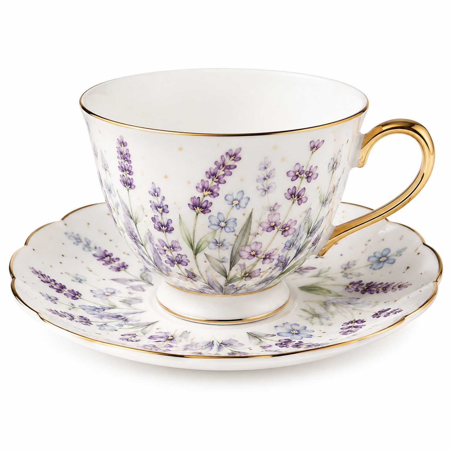 Tazza da Tè in Porcellana con Motivo Lavanda e Bordo Dorato