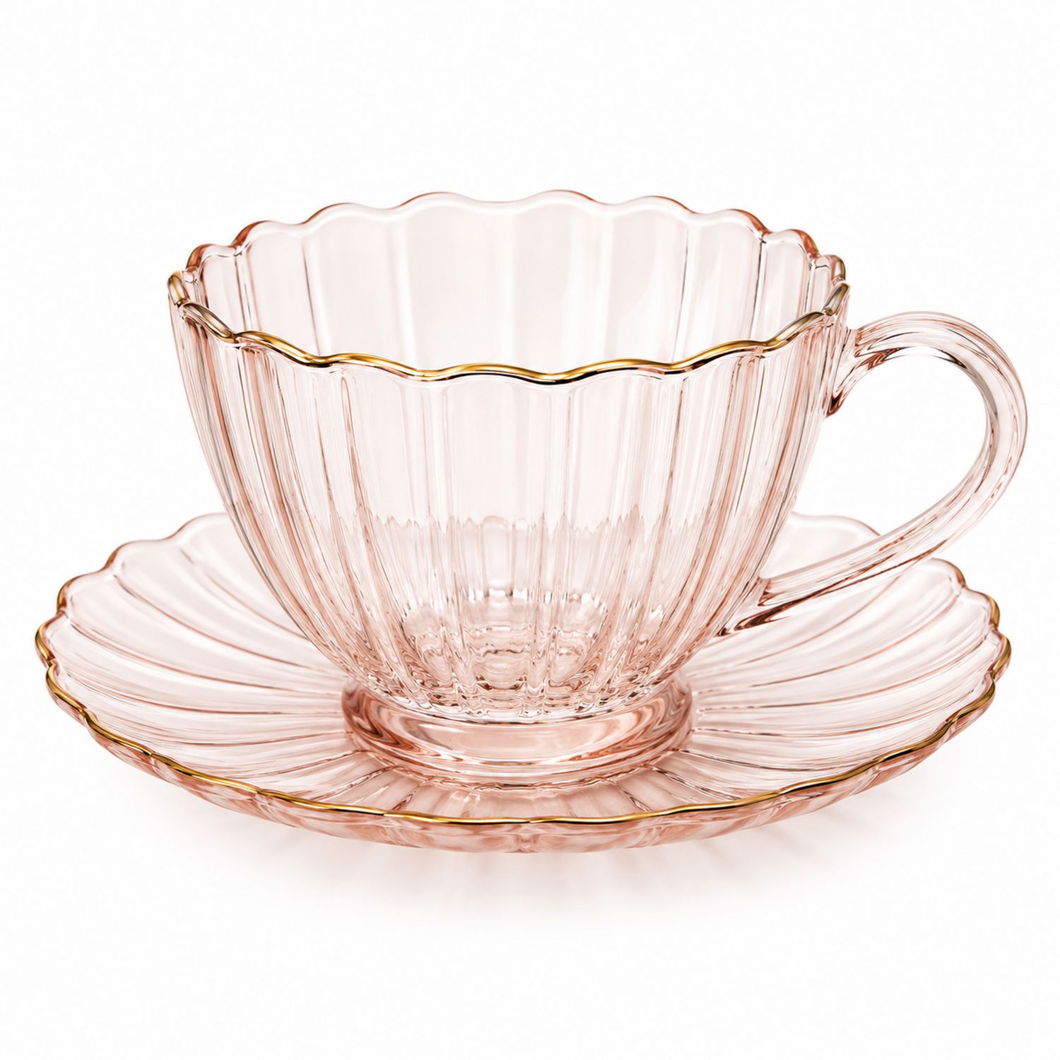 Tazza da tè in vetro rosa con bordo dorato