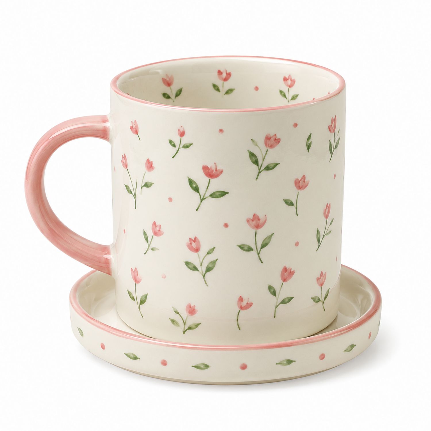 Tazza con Piatto Motivo Floreale in Bianco e Rosa
