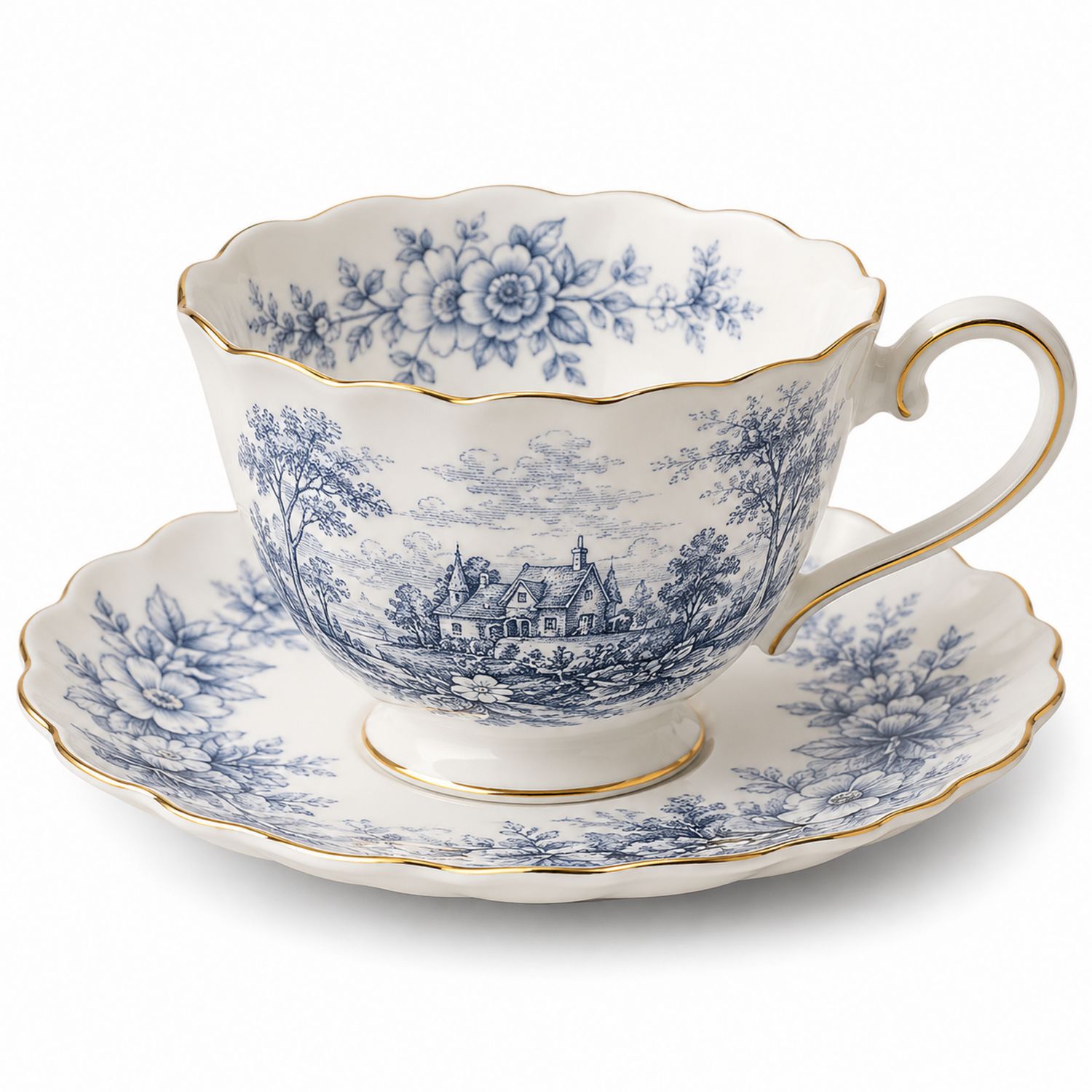 Tazza da Tè Vintage in Porcellana con Piattino, Bianco e Blu, 200 ml