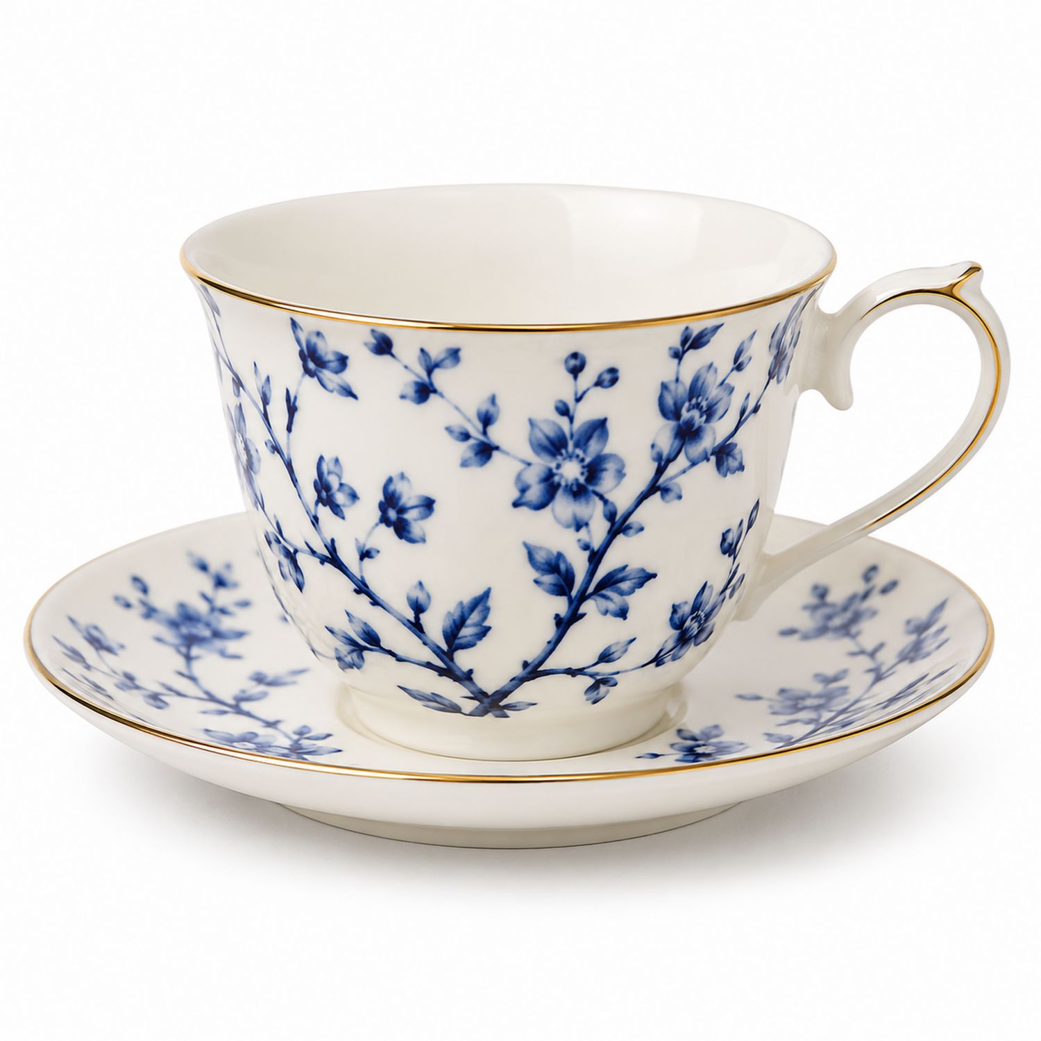 Tazza da tè in porcellana bianco con fiori blu e bordo dorato