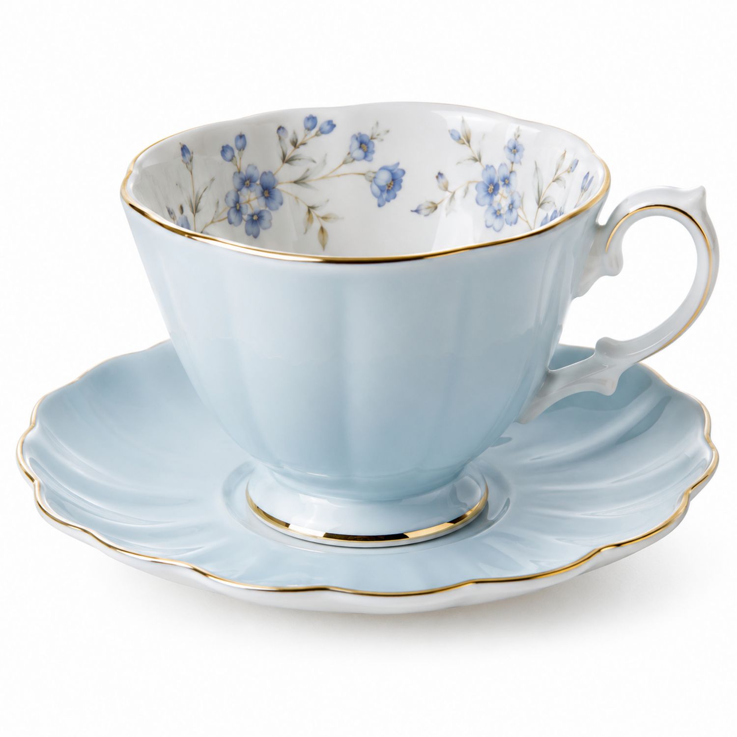 Set Tazza e Piattino Celeste con Fiori Blu e Bordo Dorato