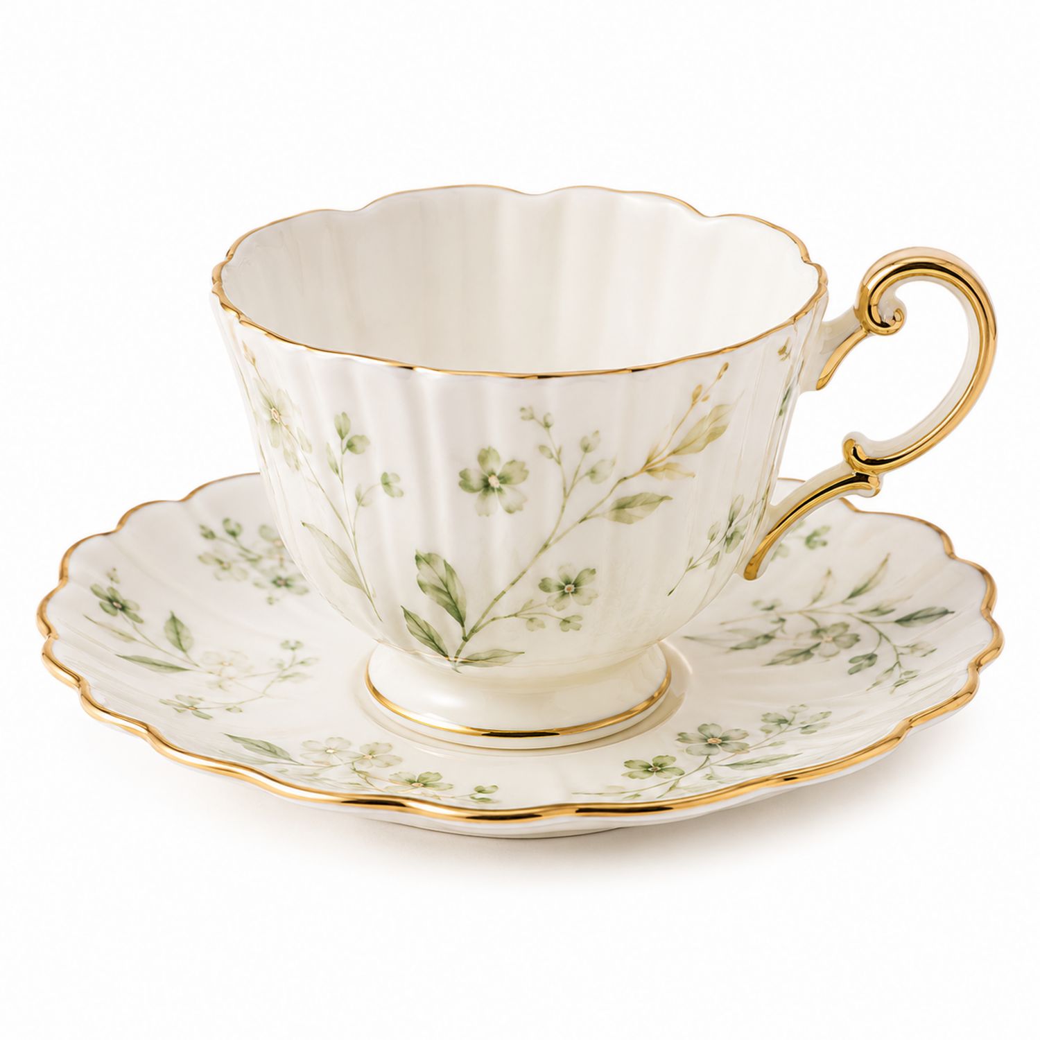Set Tazza e Piattino in Porcellana Bianca con Motivi Floreali e Bordo Dorato