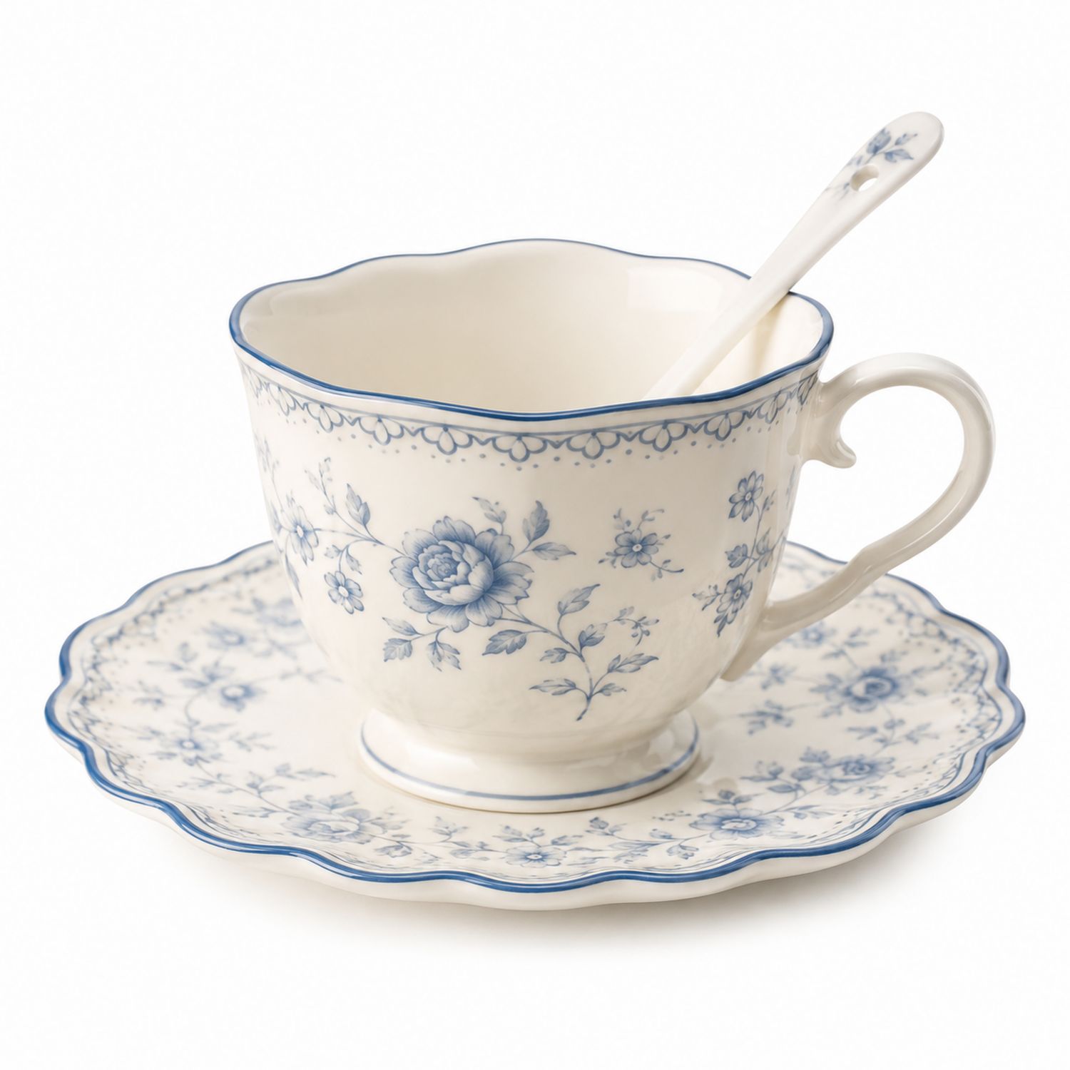 Tazza da tè in porcellana floreale blu con piattino e cucchiaino