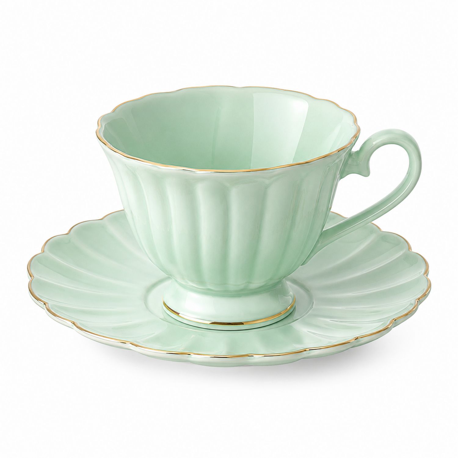 Set Tazza da Tè Verde Menta con Piattino in Porcellana e Bordo Dorato