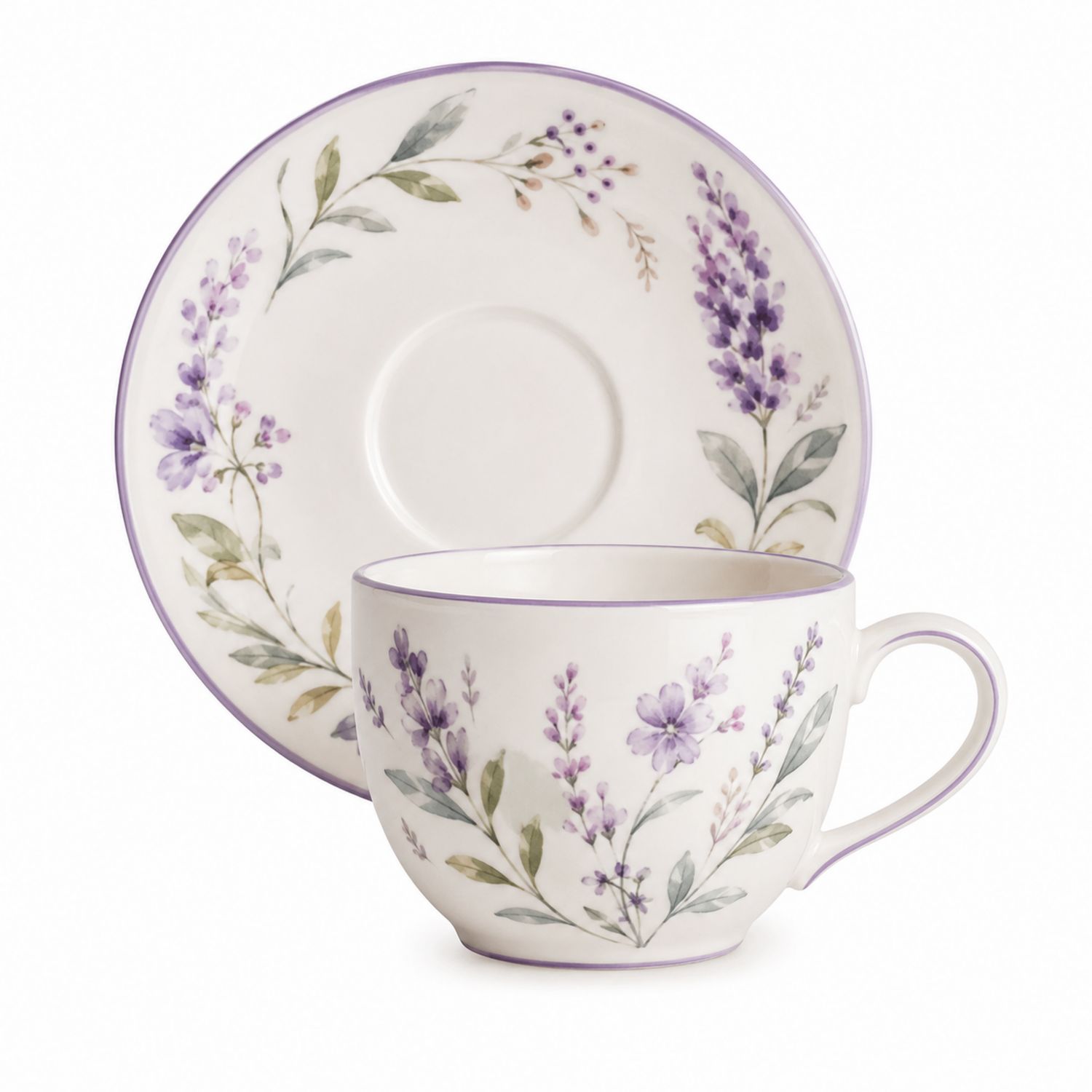 Set Tazza e Piattino in Porcellana con Motivi Floreali Lilla