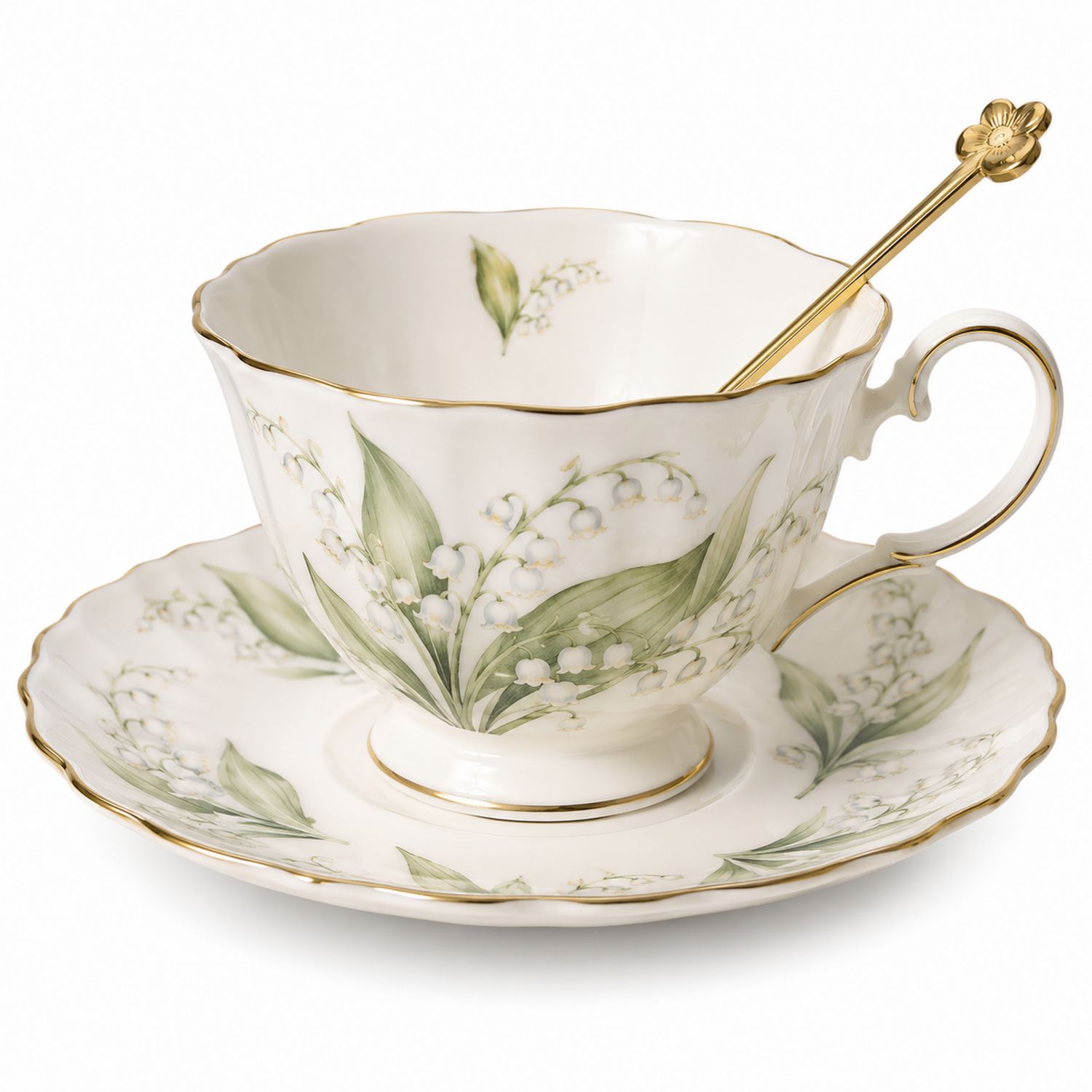 Tazza da Tè in Porcellana con Motivo Mughetto e Dettagli Oro