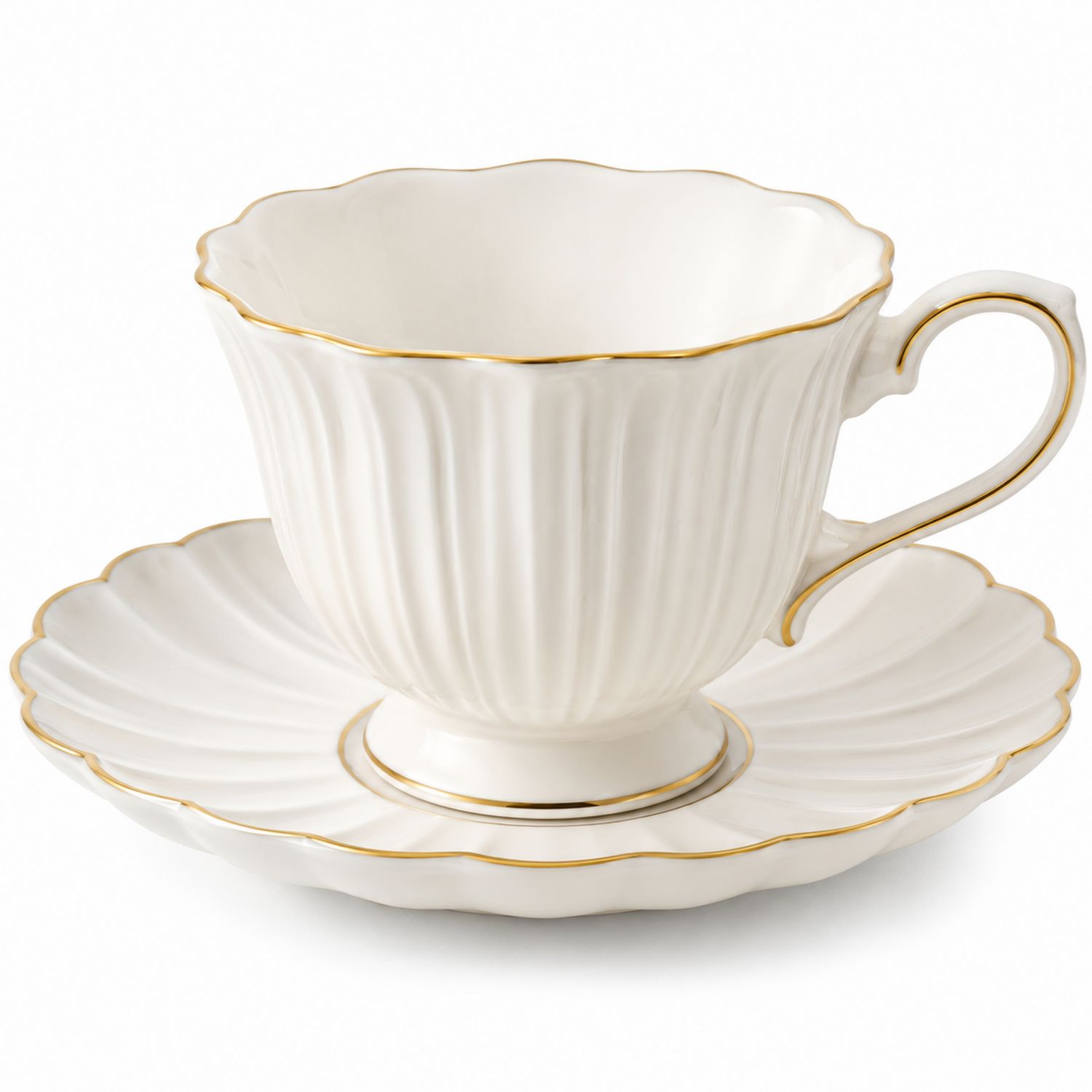 Tazza da tè con Piattino in Porcellana Bianco con Bordo Dorato