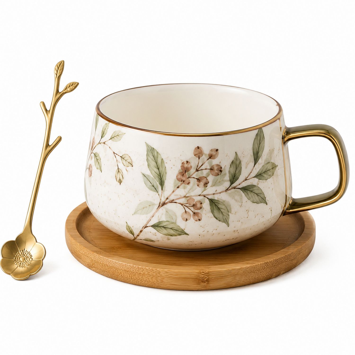 Tazza in Ceramica con Motivi Vegetali e Finiture Dorate