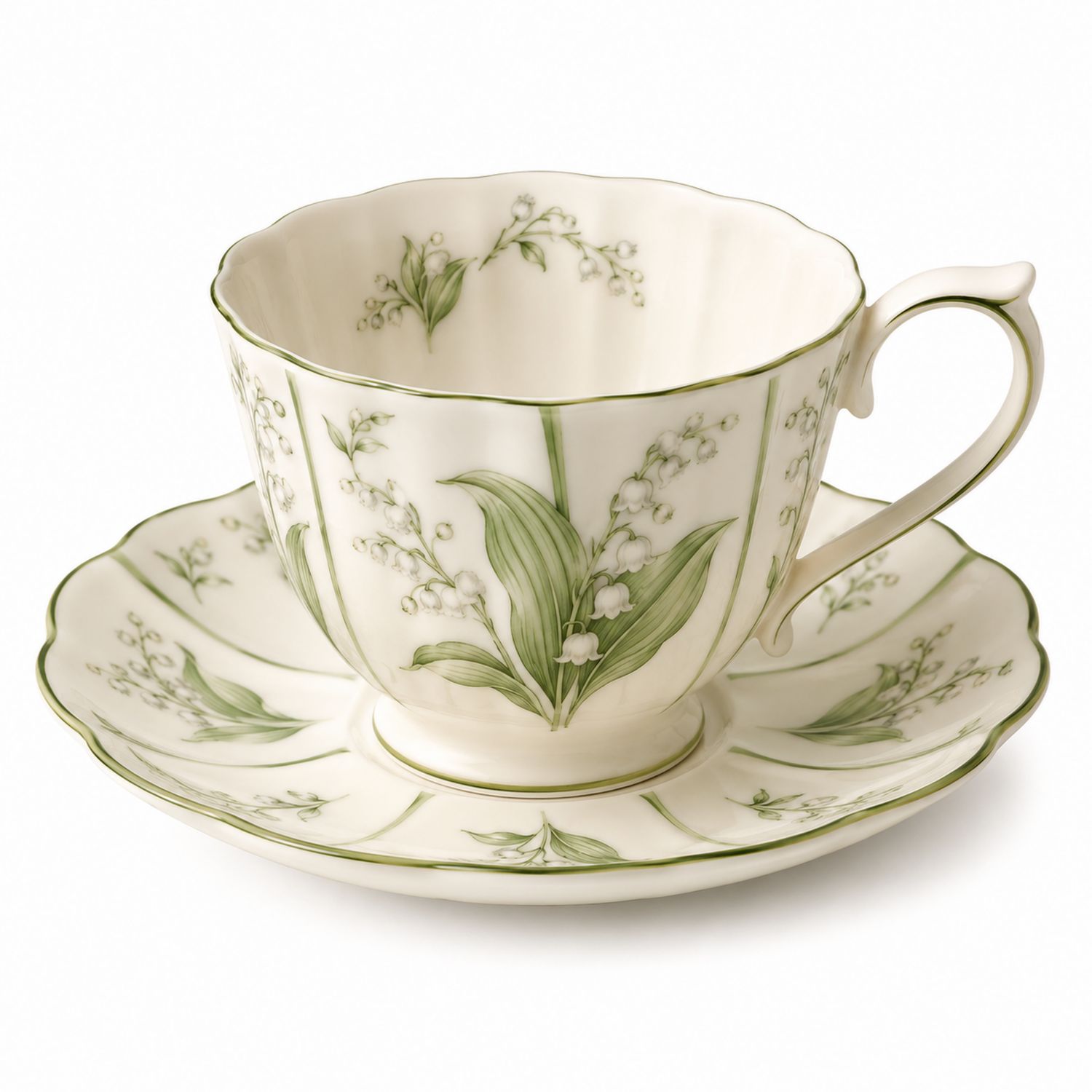 Set Tazza da Tè con Motivo Floreale Bianco e Verde