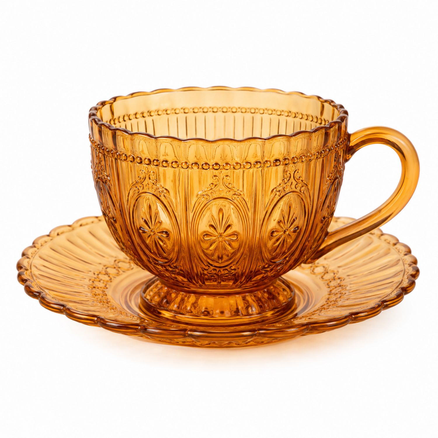 Set Tazza e Piattino Decorati in Vetro Ambrato