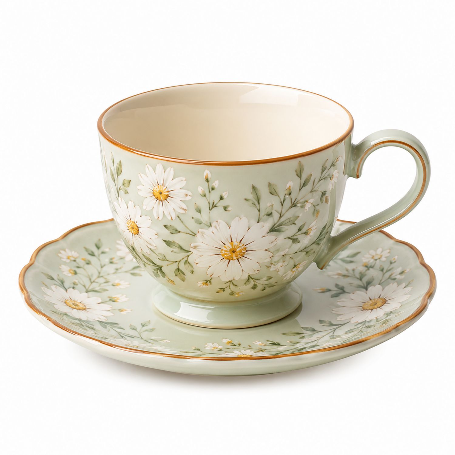 Tazza da tè verde con motivo floreale e piattino