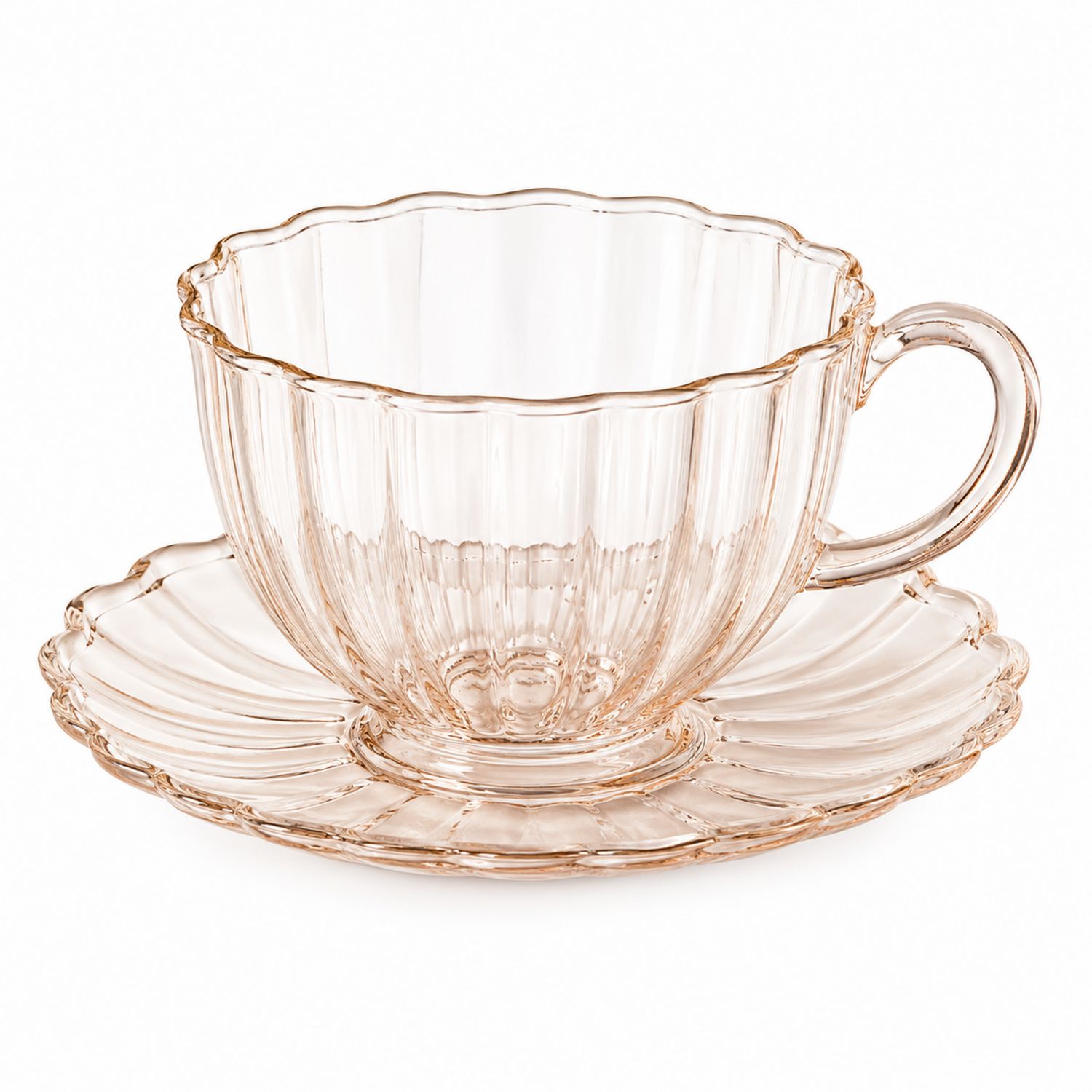 Elegante Tazza da Tè in Vetro Rosa con Piattino