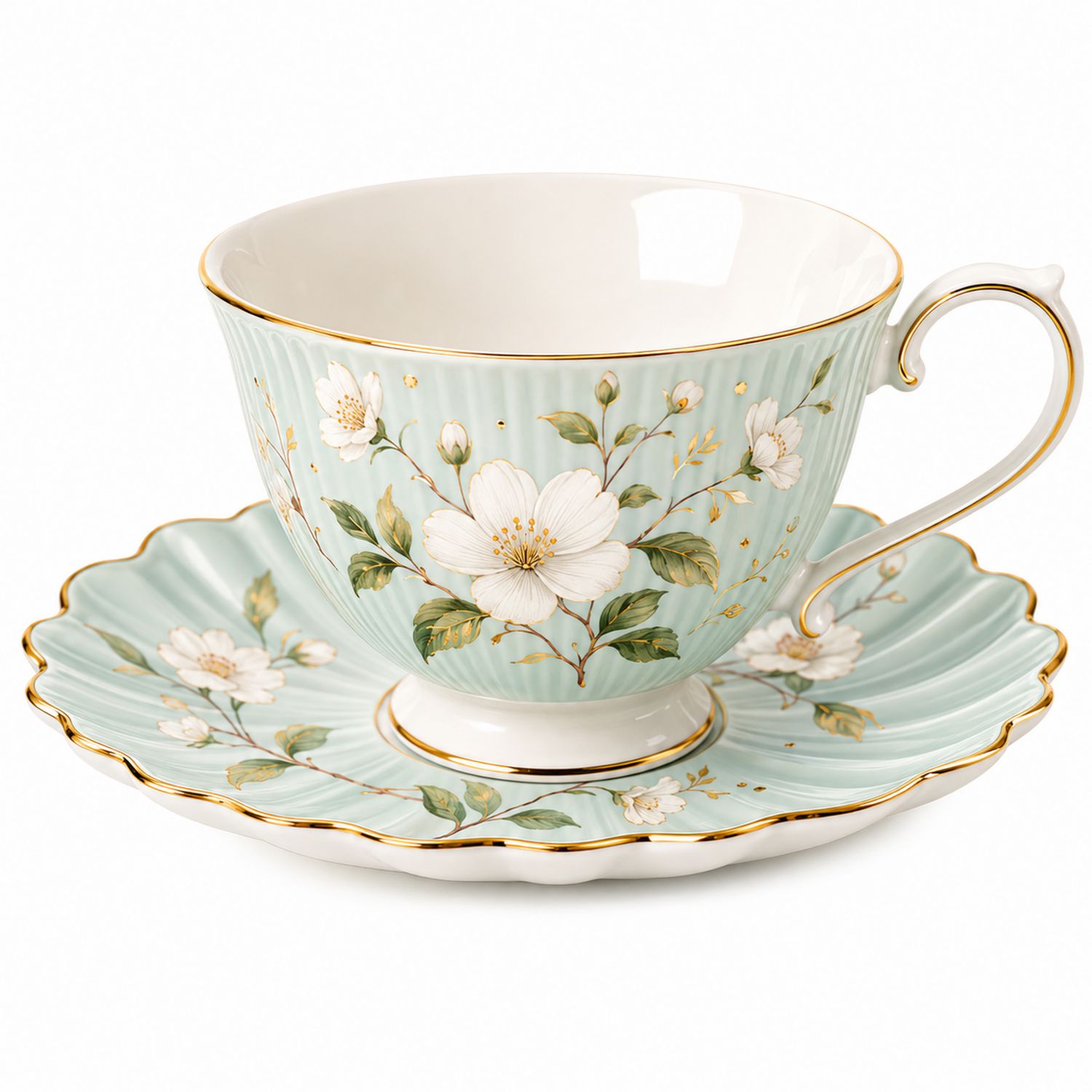 Tazza da tè in porcellana con fiori e rifiniture dorate, verde chiaro