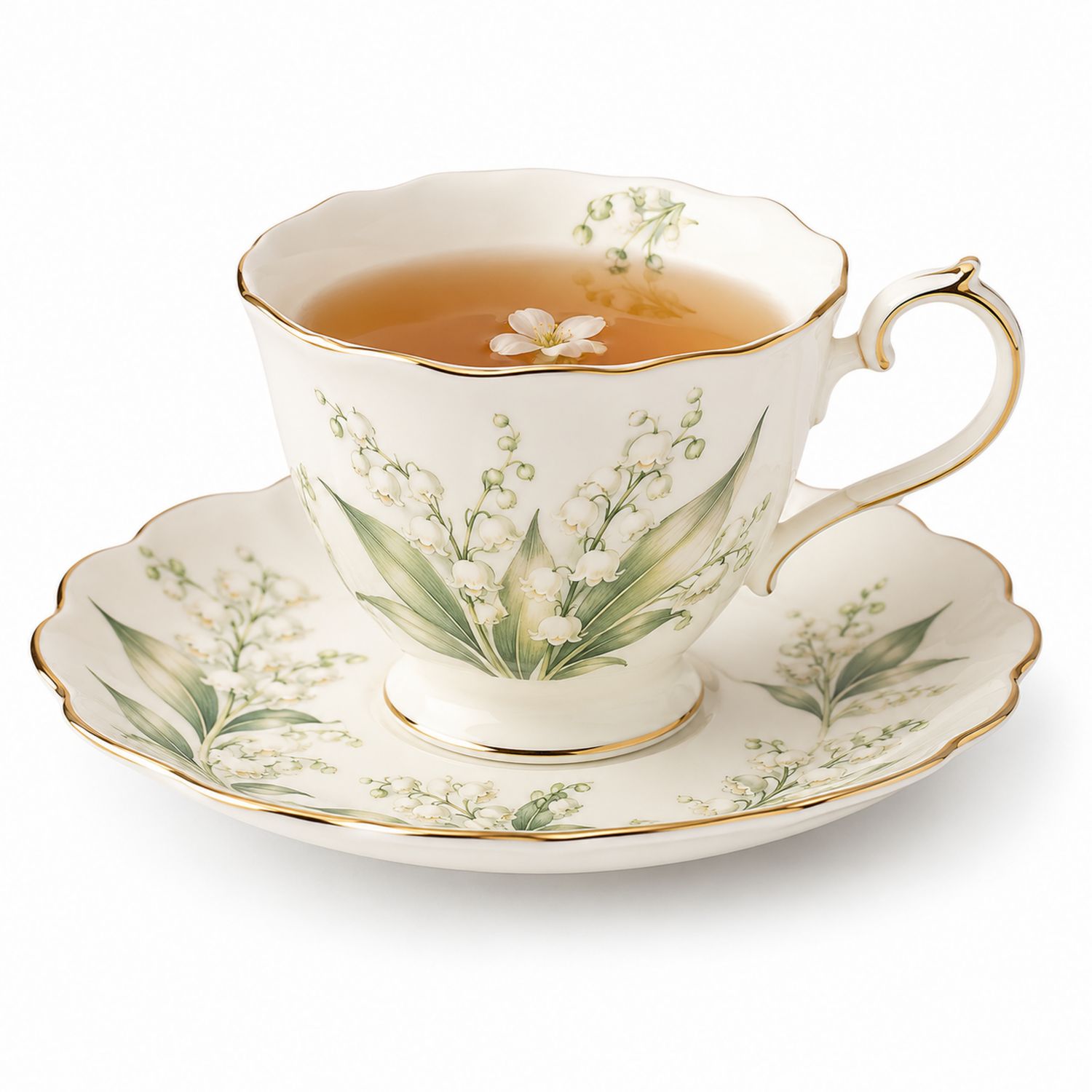 Tazza da Tè con Piattino Decorata in Porcellana Floreale, 200ml, Bianco/Verde