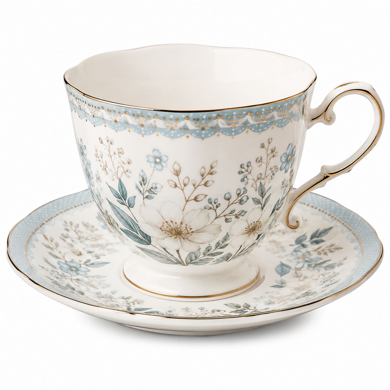 Set Tazza da Tè e Piattino in Porcellana con Decorazioni Floreali Blu