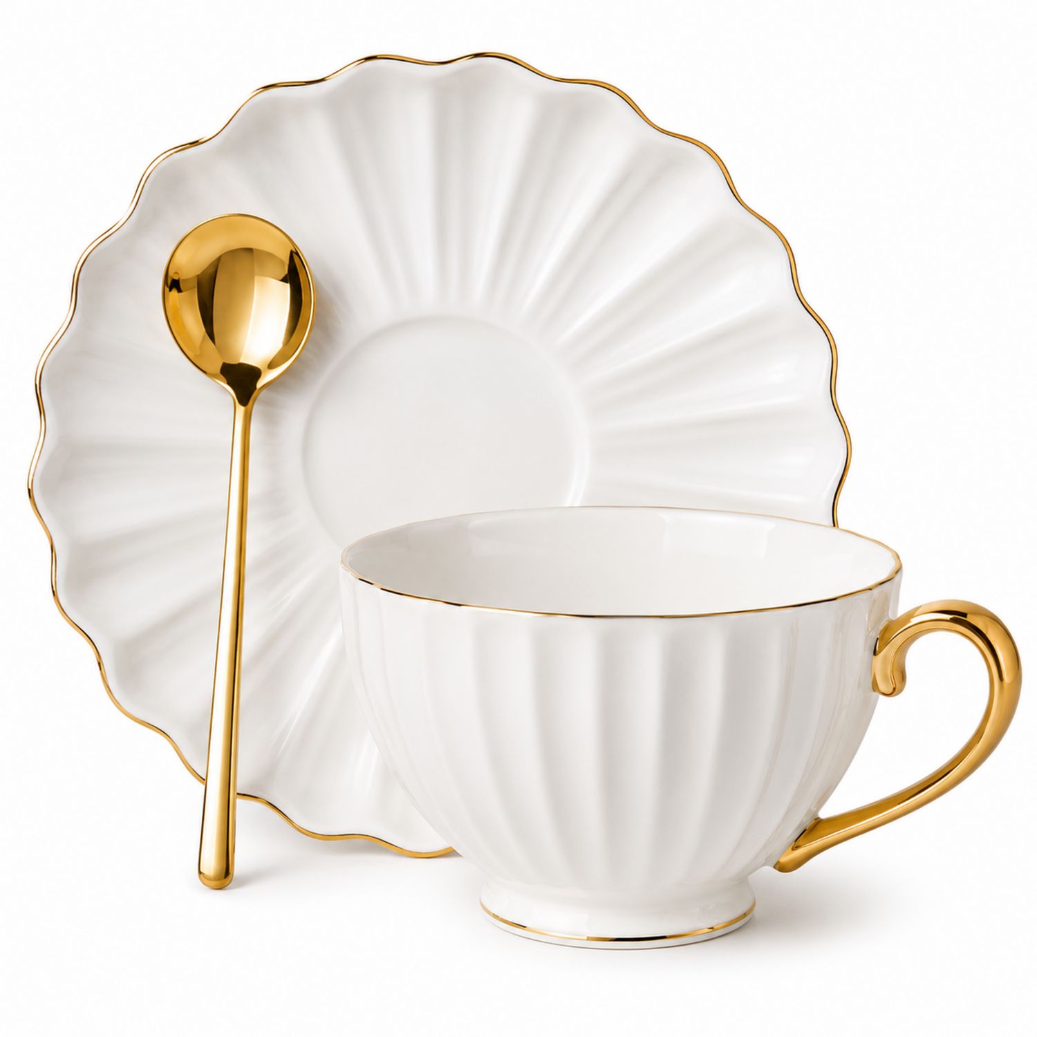 Set Tazza da Tè con Piattino e Cucchiaino Dorati Bianco