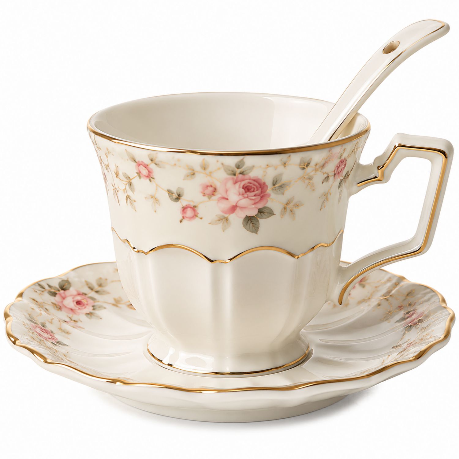Set da Tè in Porcellana con Motivo Rosa e Dettagli Dorati