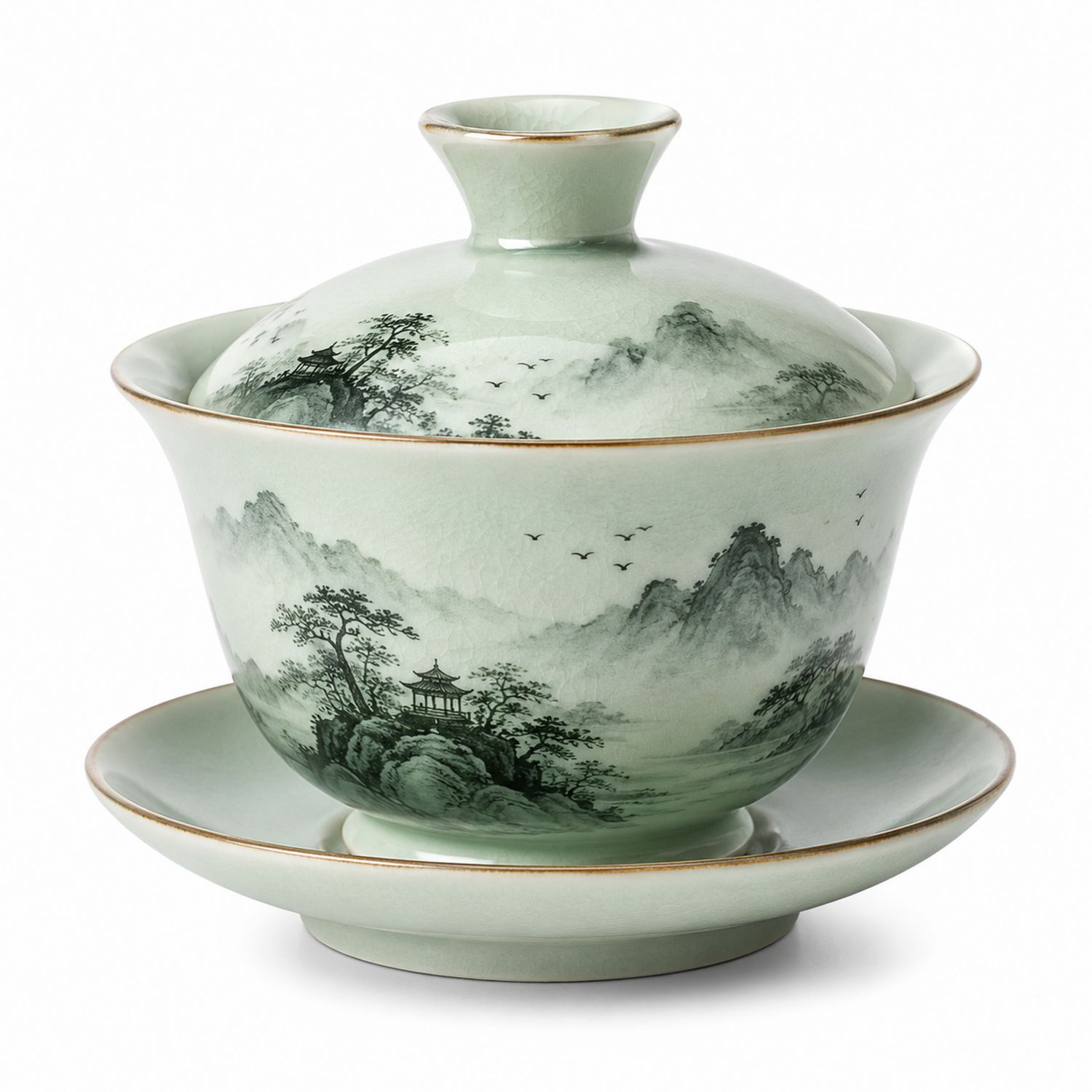 Gaiwan in Porcellana Verde con Decoro di Paesaggio Cinese