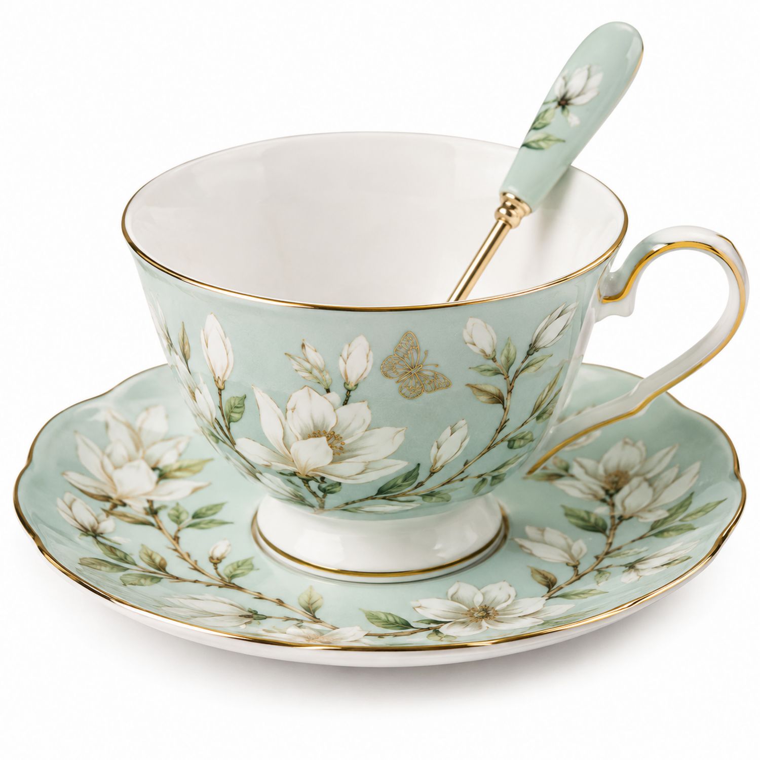 Set Tazza da Tè in Porcellana Verde con Motivi Floreali e Cucchiaino