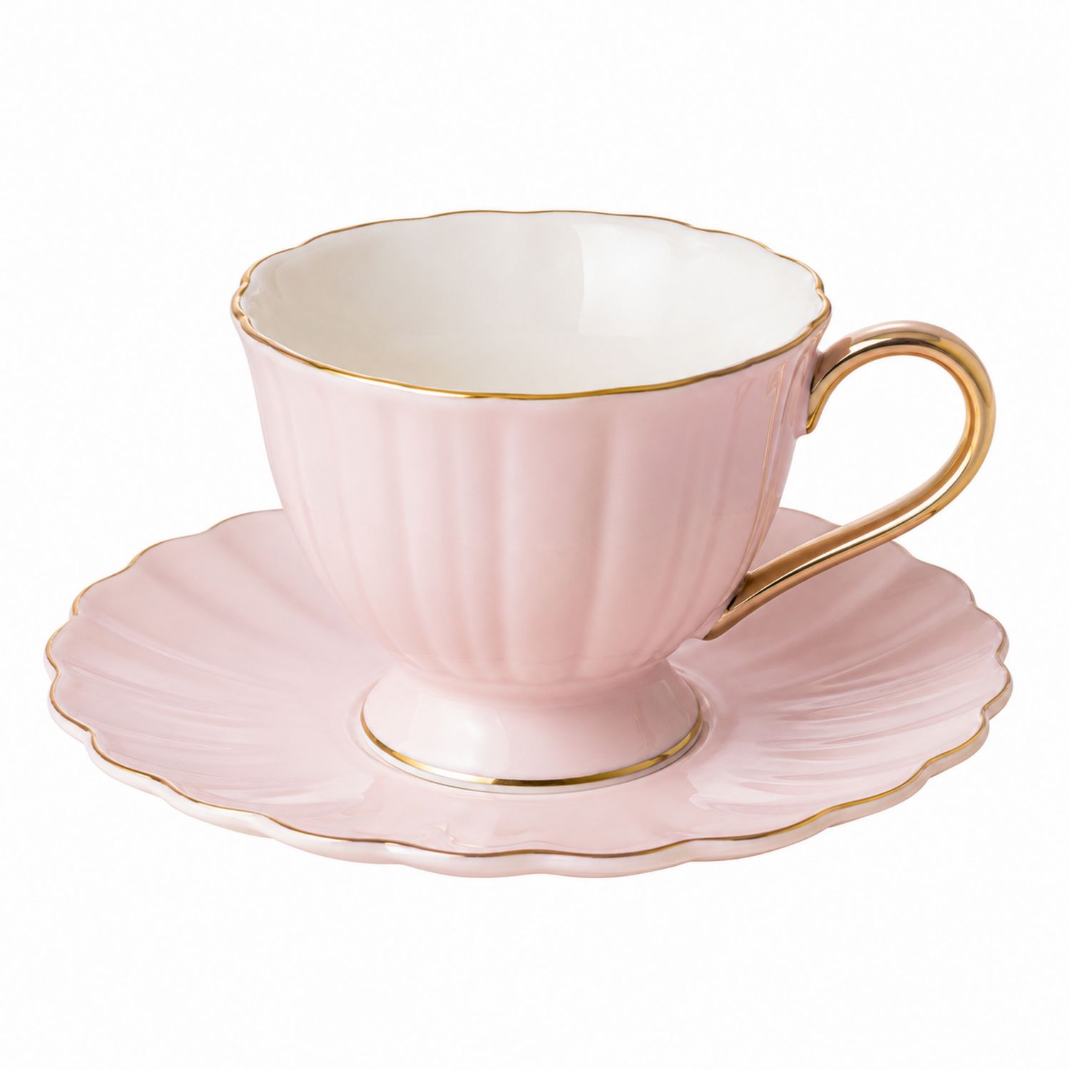 Tazza da Tè con Piattino Rosa con Rifiniture Dorate