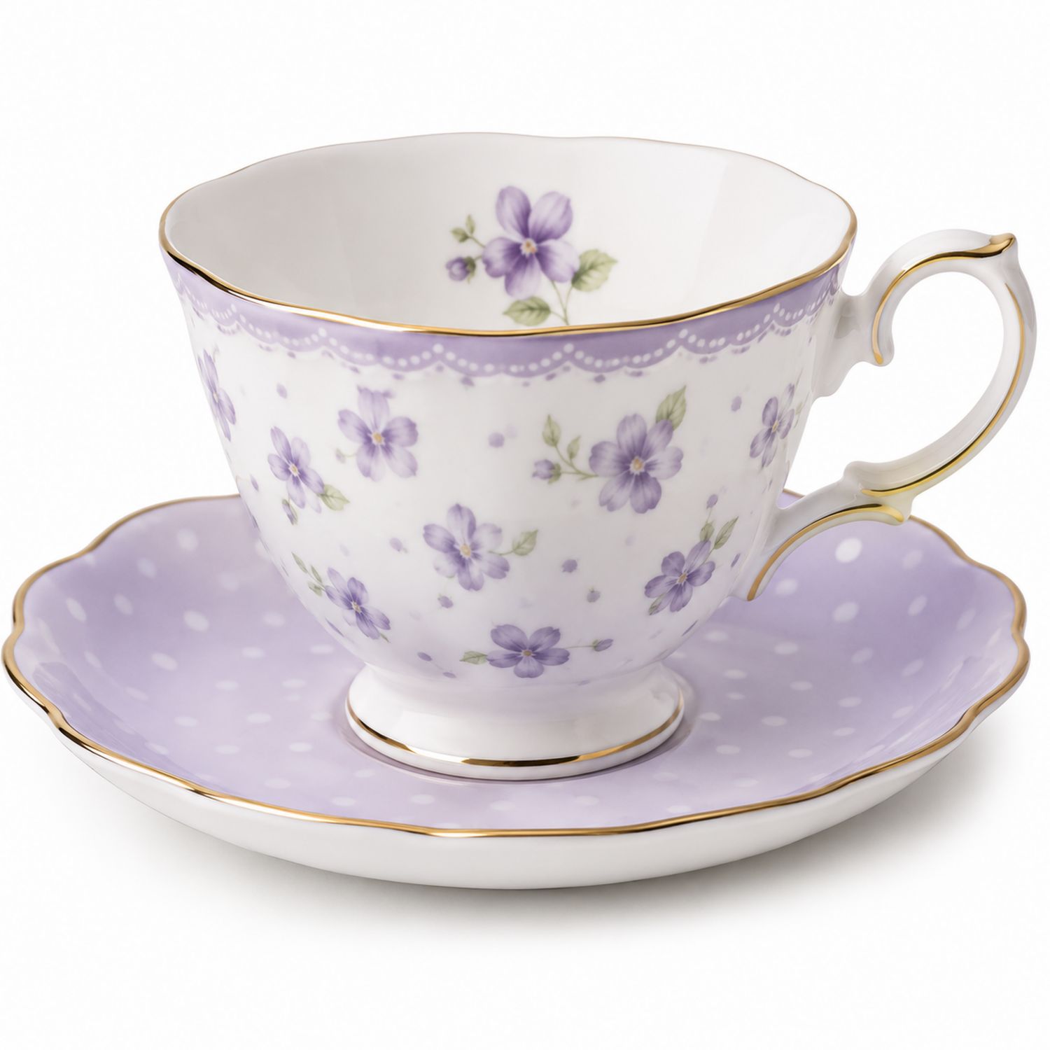 Tazza da Tè e Piattino con Motivo Floreale Viola e Dettagli Dorati