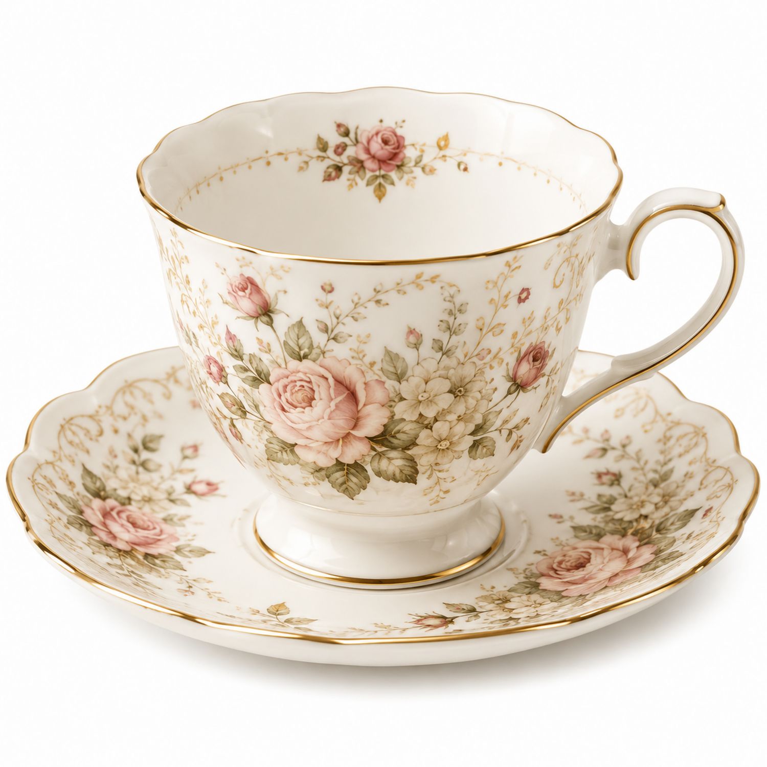 Set Tazza e Piattino in Porcellana con Motivo Floreale Vintage