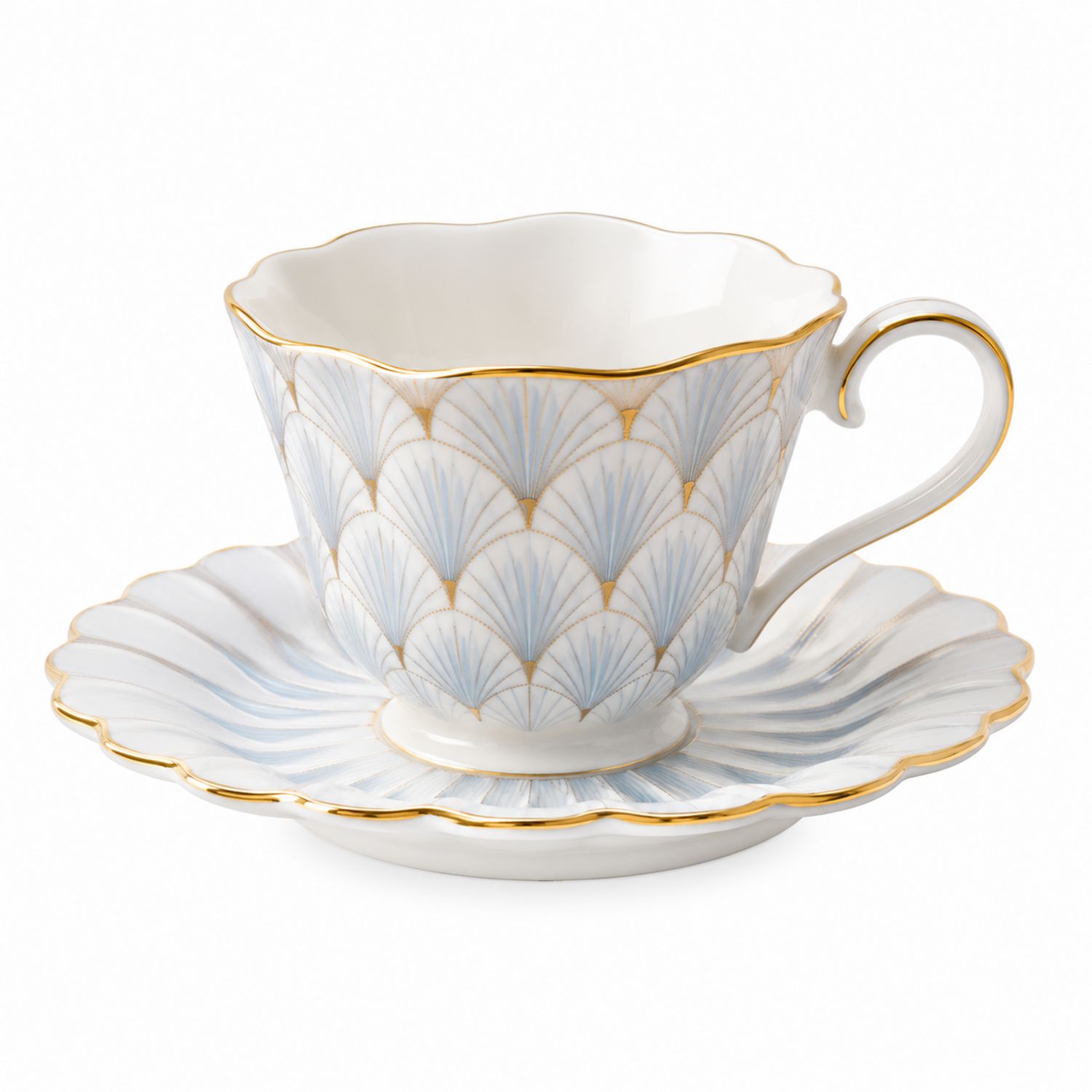 Set Tazza da Tè in Porcellana con Motivo Ventaglio Blu e Dorato