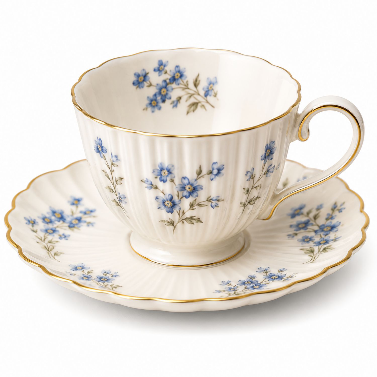Tazza da tè in porcellana con fiori blu e bordo dorato
