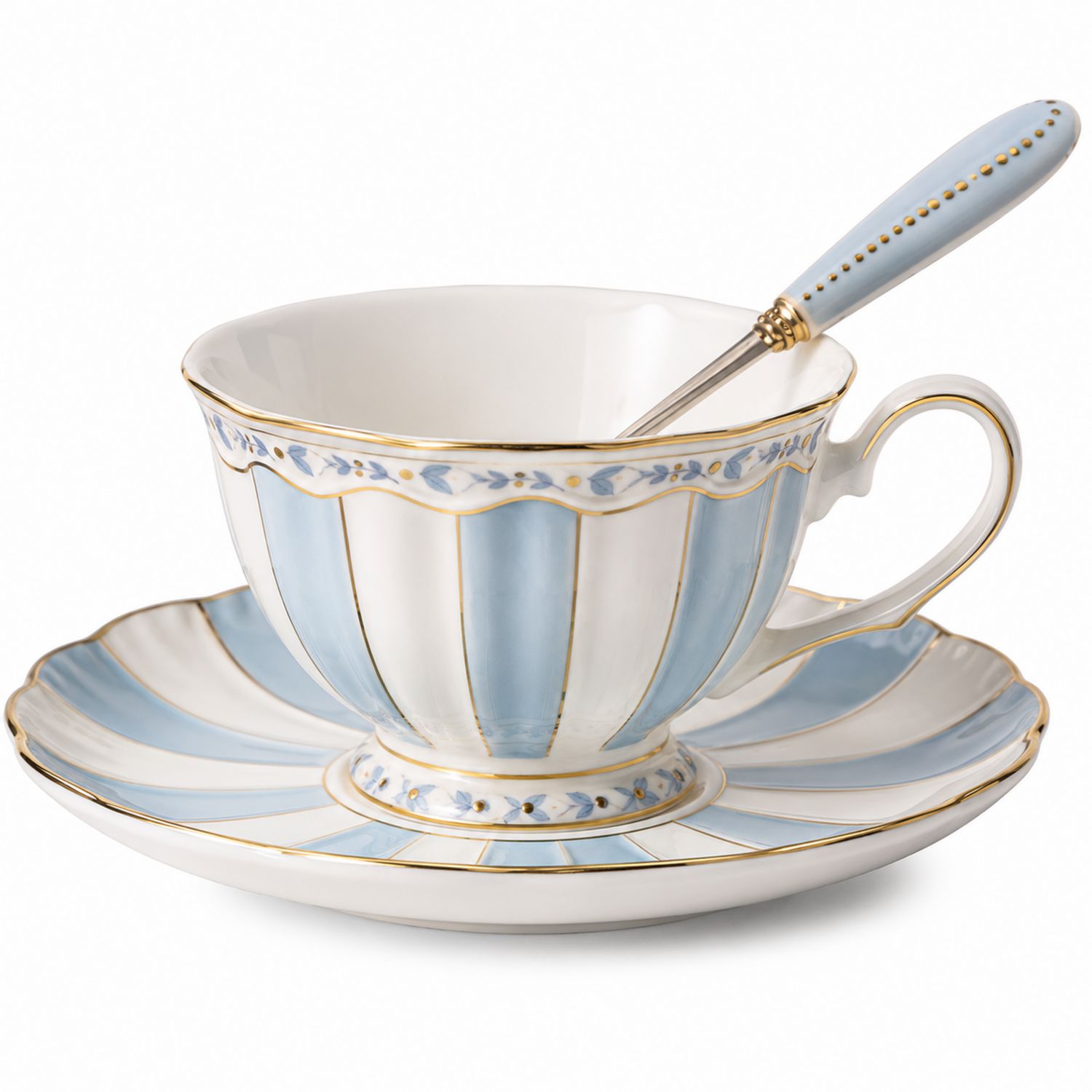 Set Tazza da Tè in Porcellana Bianco e Blu con Dettagli Dorati
