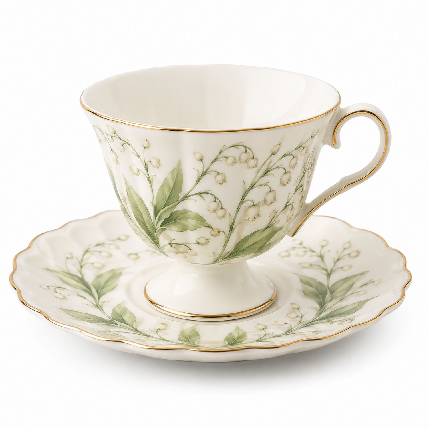 Tazza e Piattino in Porcellana con Motivo a Mughetto