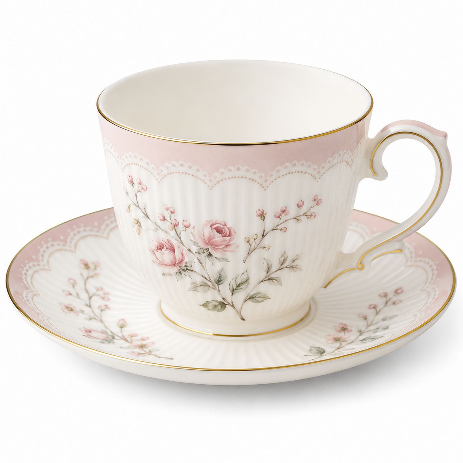 Tazza da tè con Piattino Motivo Floreale Rosa e Oro