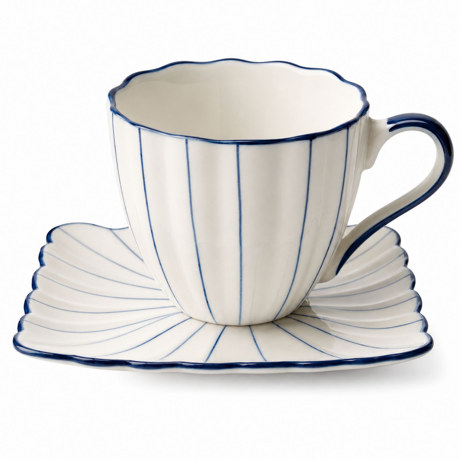 Tazza da Tè in Ceramica Decorata Bianco e Blu con Piattino